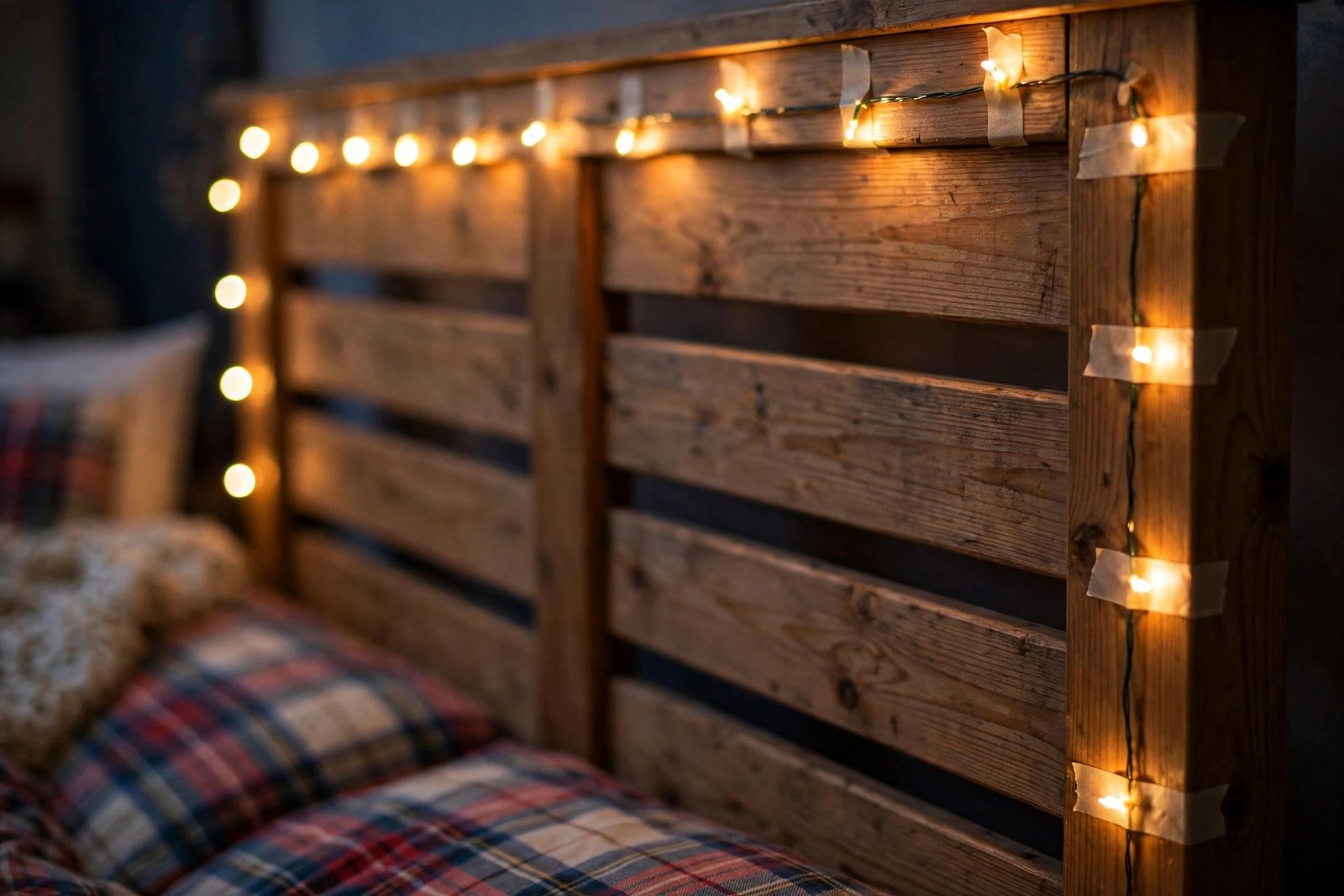 Fairy lights on a wooden headboard