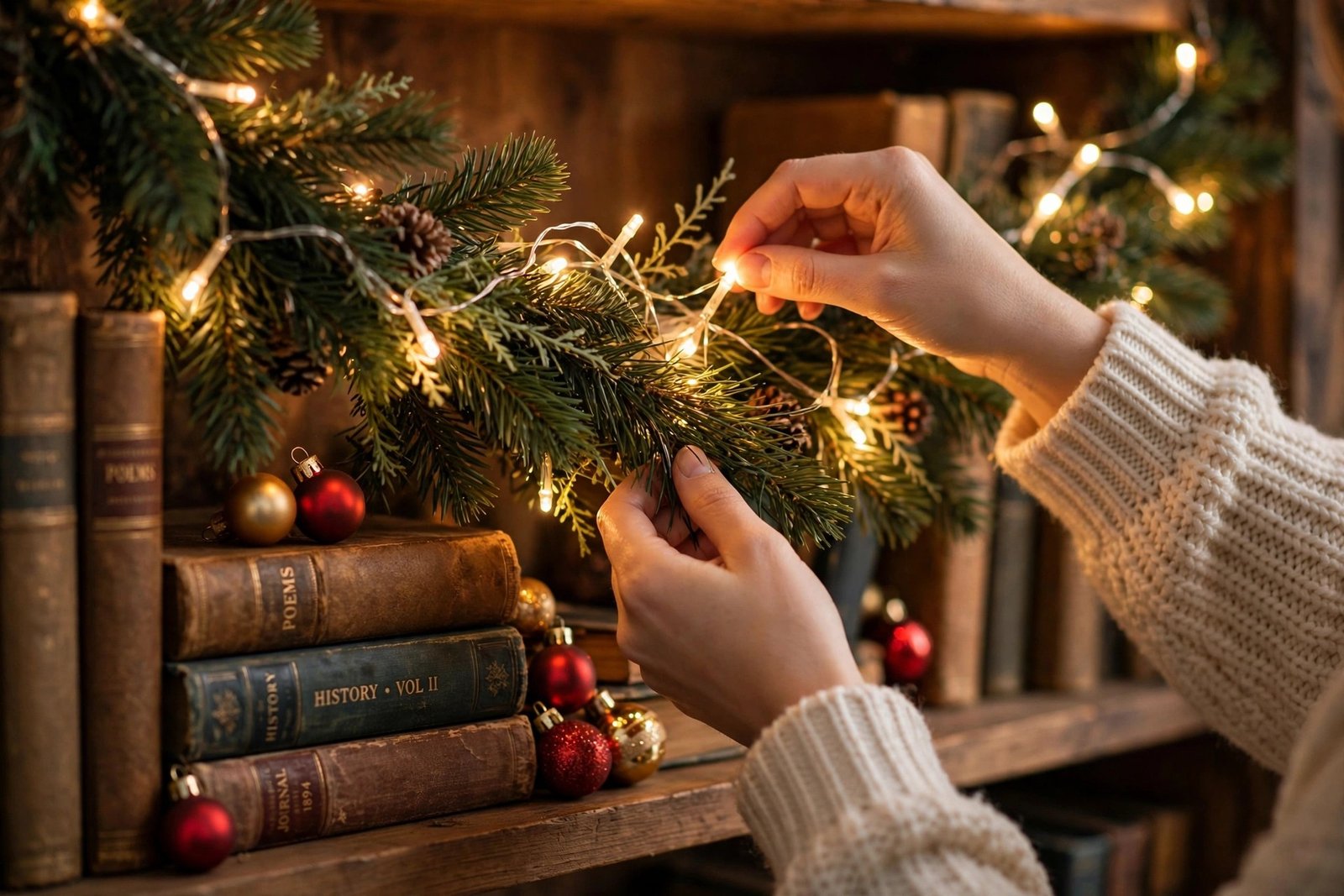 christmas bookshelf decor ideas: hands in a cream sweater tucking warm fairy lights into a pine garland with pinecones above stacked vintage books decorated with red and gold ornaments