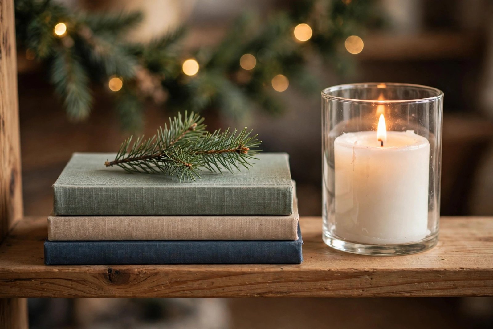 christmas bookshelf decor ideas: a stack of three books topped with a pine sprig beside a lit white candle in a glass holder on a wooden shelf with blurred garland lights behind