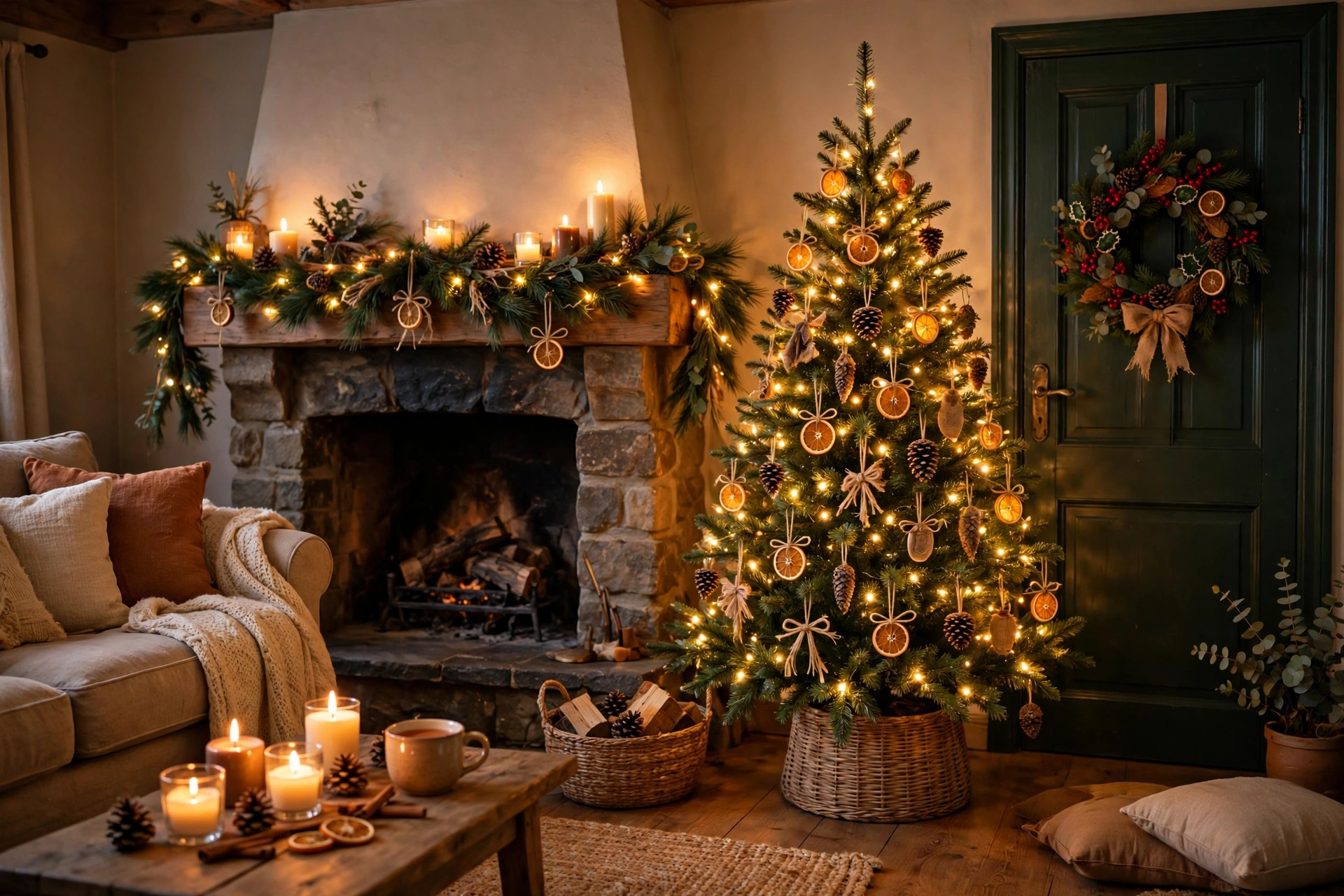 Christmas decor for the home: a warm living room with a pine garland with fairy lights on the fireplace mantel, a lit tree with handmade pinecone and dried-orange ornaments, glowing candles and a berry wreath on the door