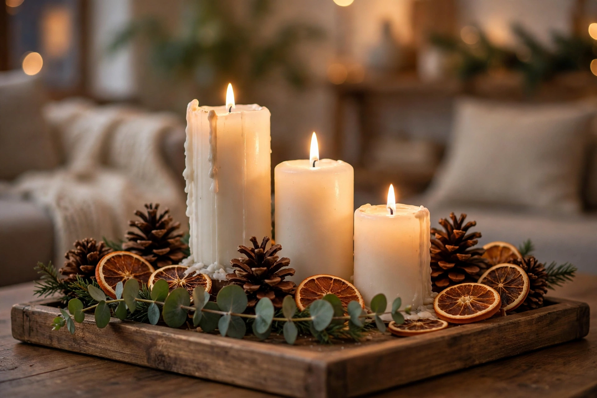 Christmas decor for the home: pillar candles of different heights glowing on a wooden tray with pinecones and dried-orange slices on a coffee table
