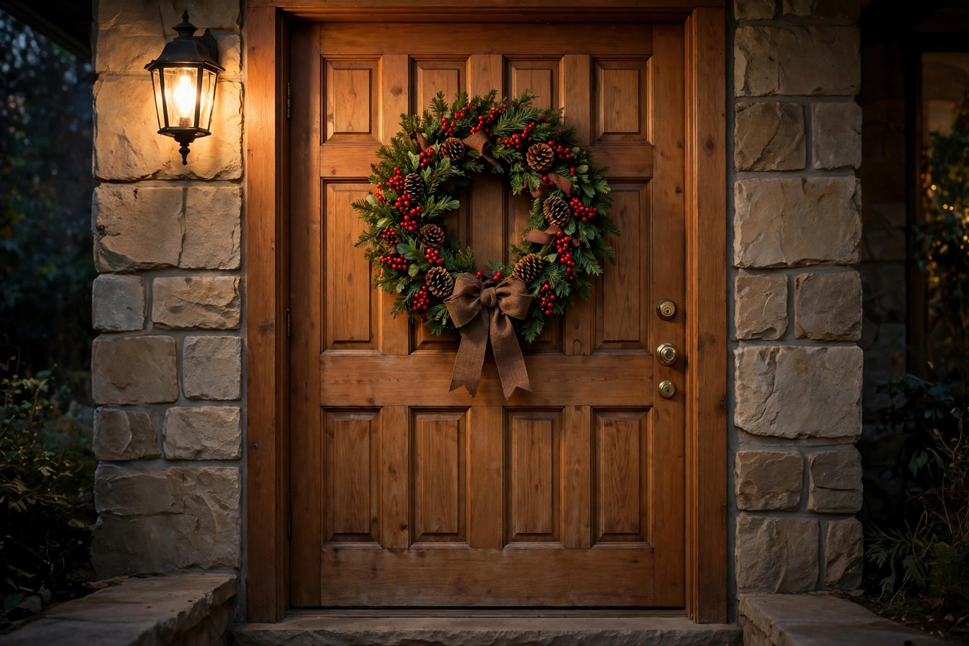 Christmas decor for the home: a berry wreath with red berries, green leaves, pinecones and a brown ribbon bow hanging on a wooden front door