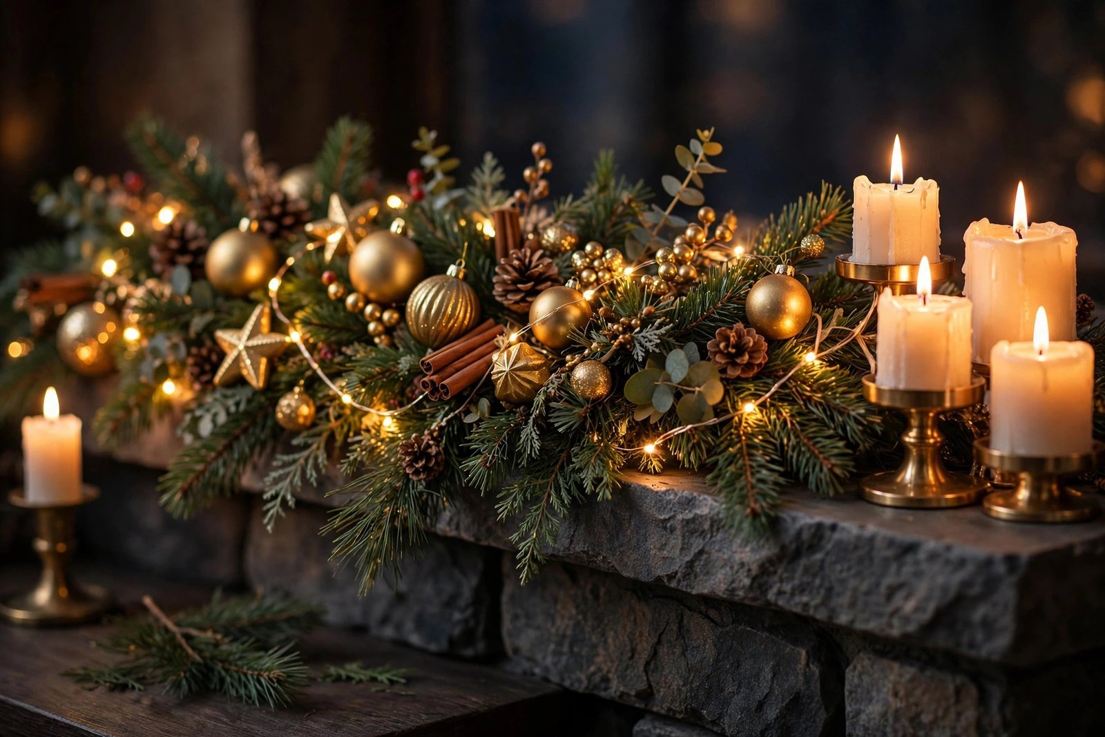 Christmas decoration ideas: a pine garland with warm fairy lights and gold ornaments on a fireplace mantel beside glowing candles