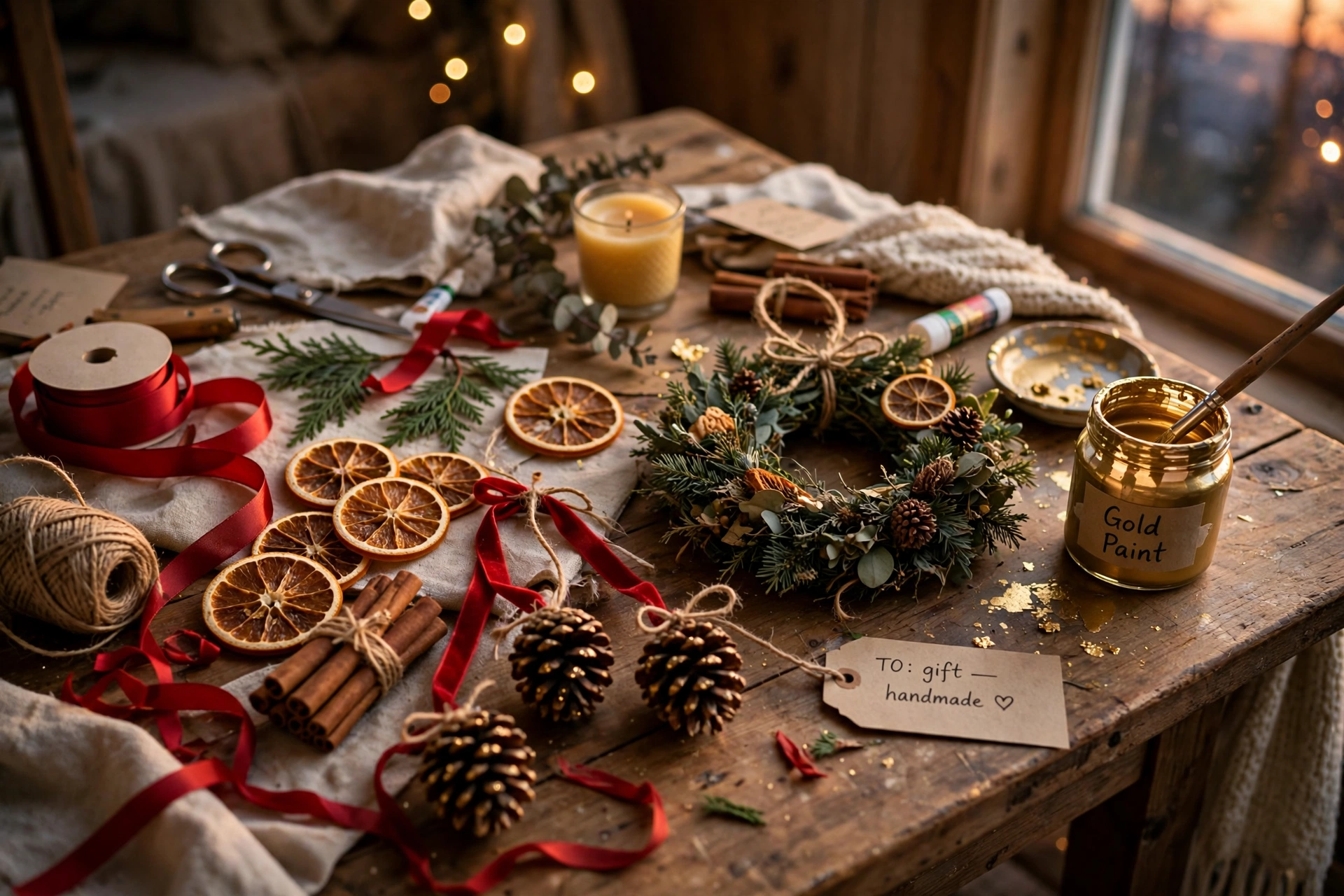 Handmade christmas decoration crafts on a wooden table — pinecone ornaments with red ribbon, dried orange slices, cinnamon sticks and a small wreath
