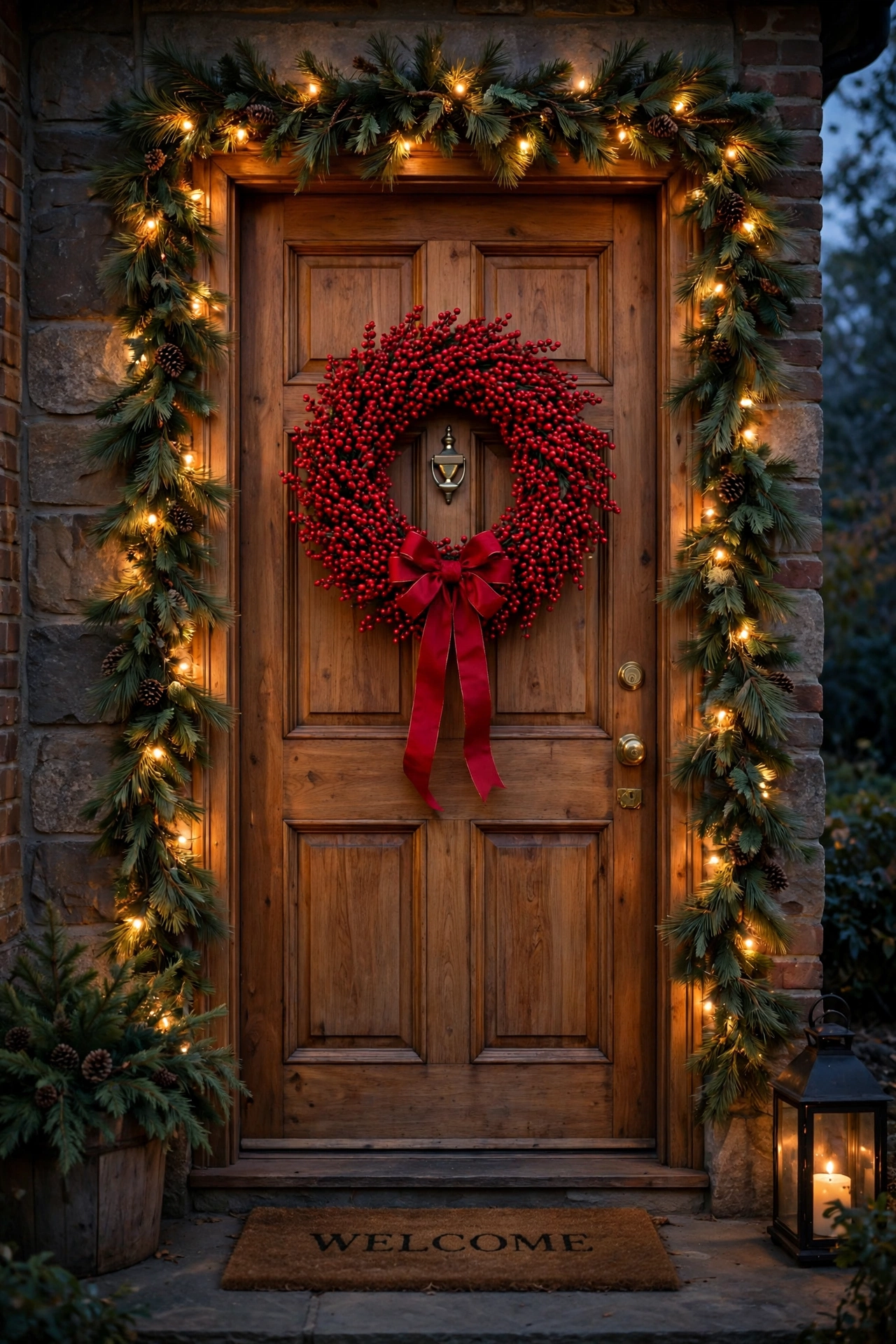 Red berry wreath with red ribbon on a wooden front door with pine garland and fairy lights — christmas decor ideas for the home entrance