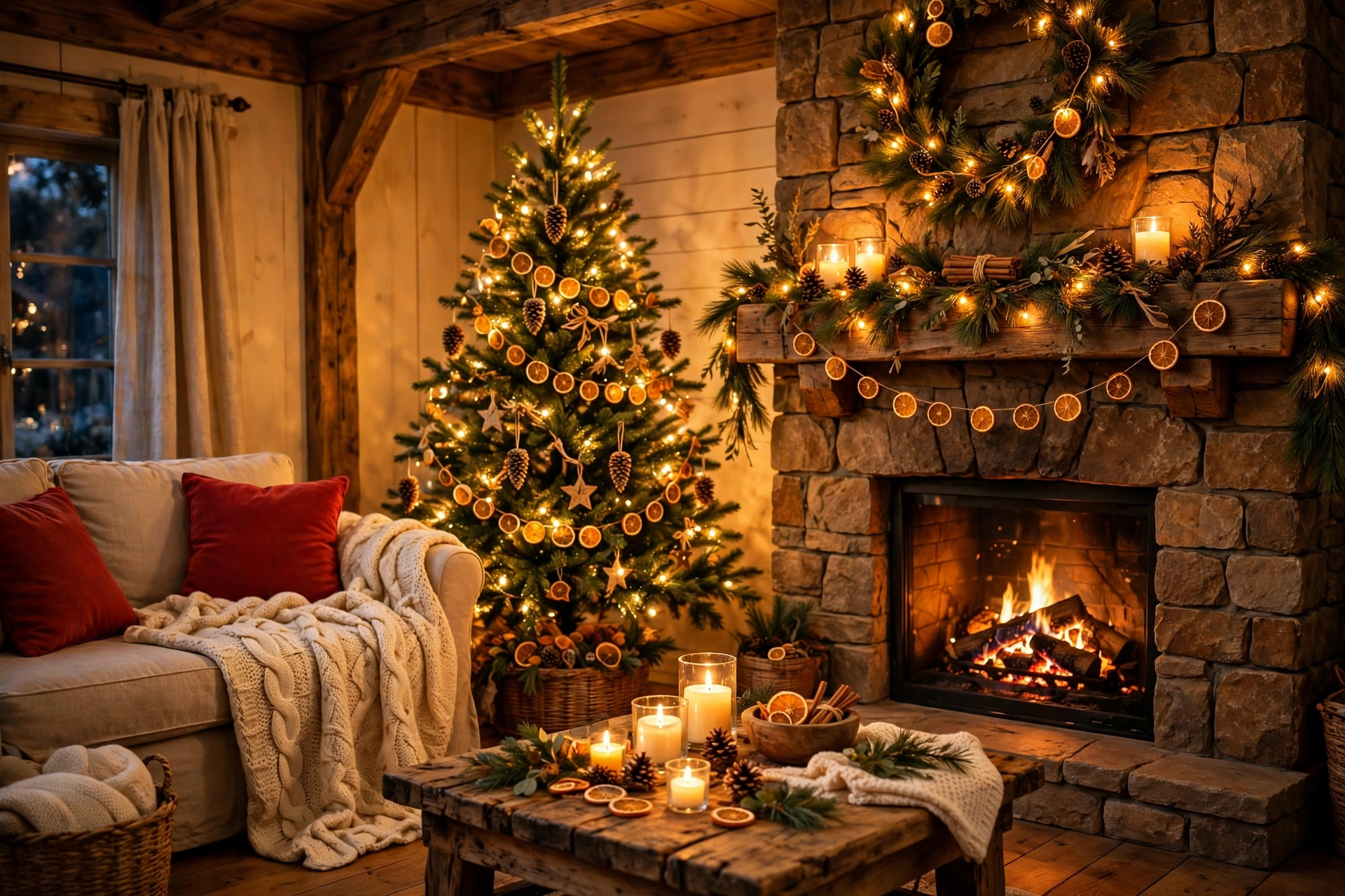 Christmas decor ideas for living room with a pinecone and dried-orange Christmas tree beside a stone fireplace with pine garland and candles