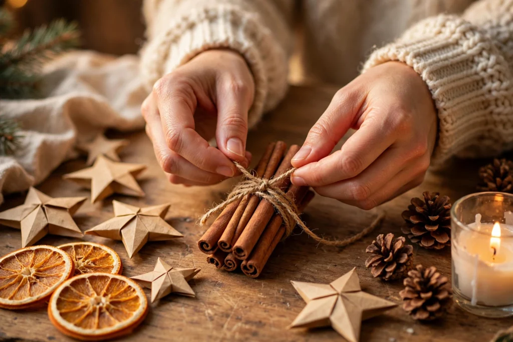 Christmas decor ideas for living room hands tying a cinnamon-stick bundle with twine beside paper stars, dried orange slices and a candle