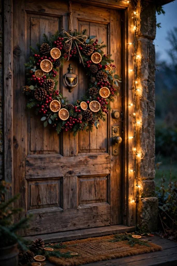Christmas decor ideas for living room berry wreath with red berries, pinecones and dried orange slices hanging on a wooden door