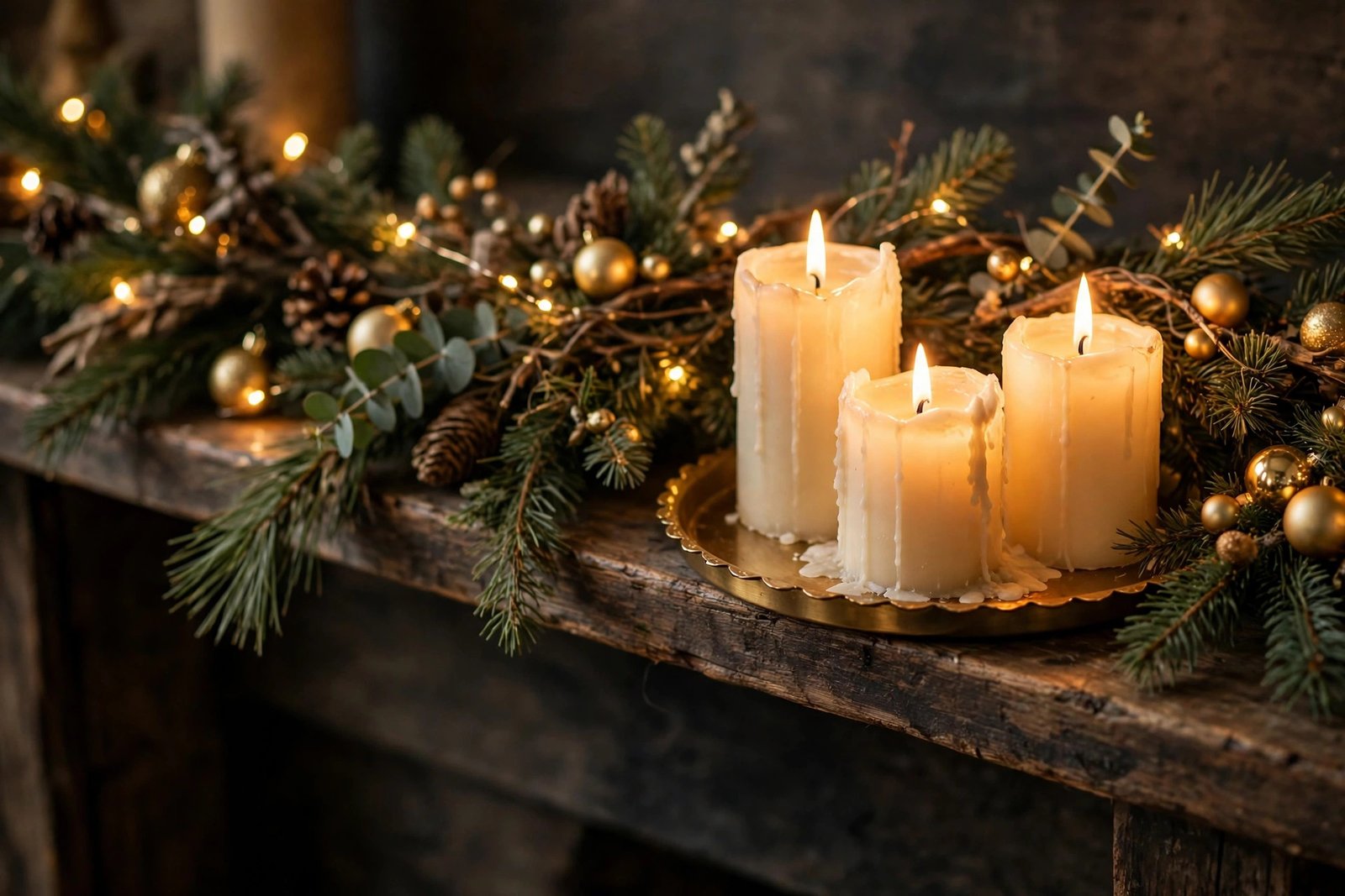 christmas decor ideas: three lit cream pillar candles on a gold tray on a wooden mantel surrounded by a pine garland with gold ornaments, pinecones and warm fairy lights