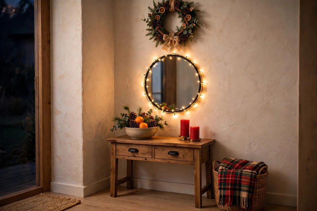 christmas home decor ideas: a wooden console table under a round mirror wrapped in fairy lights and a pine wreath, with a bowl of pinecones and oranges, two red candles and a basket with a plaid blanket