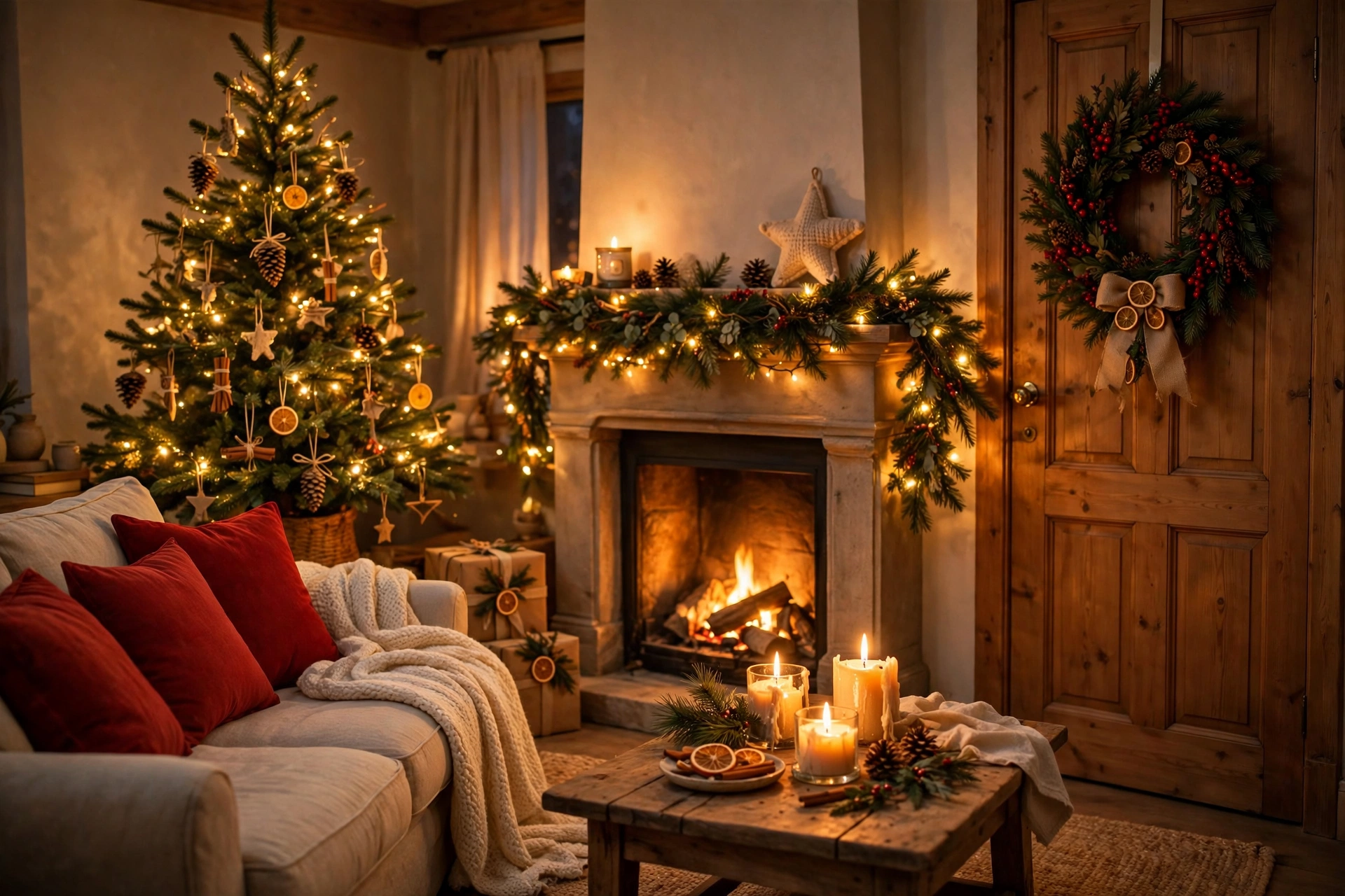 Christmas decorating idea: a warm living room with a pine garland and fairy lights on the mantel, candles on the coffee table, a berry wreath on the door and a lit tree with handmade ornaments