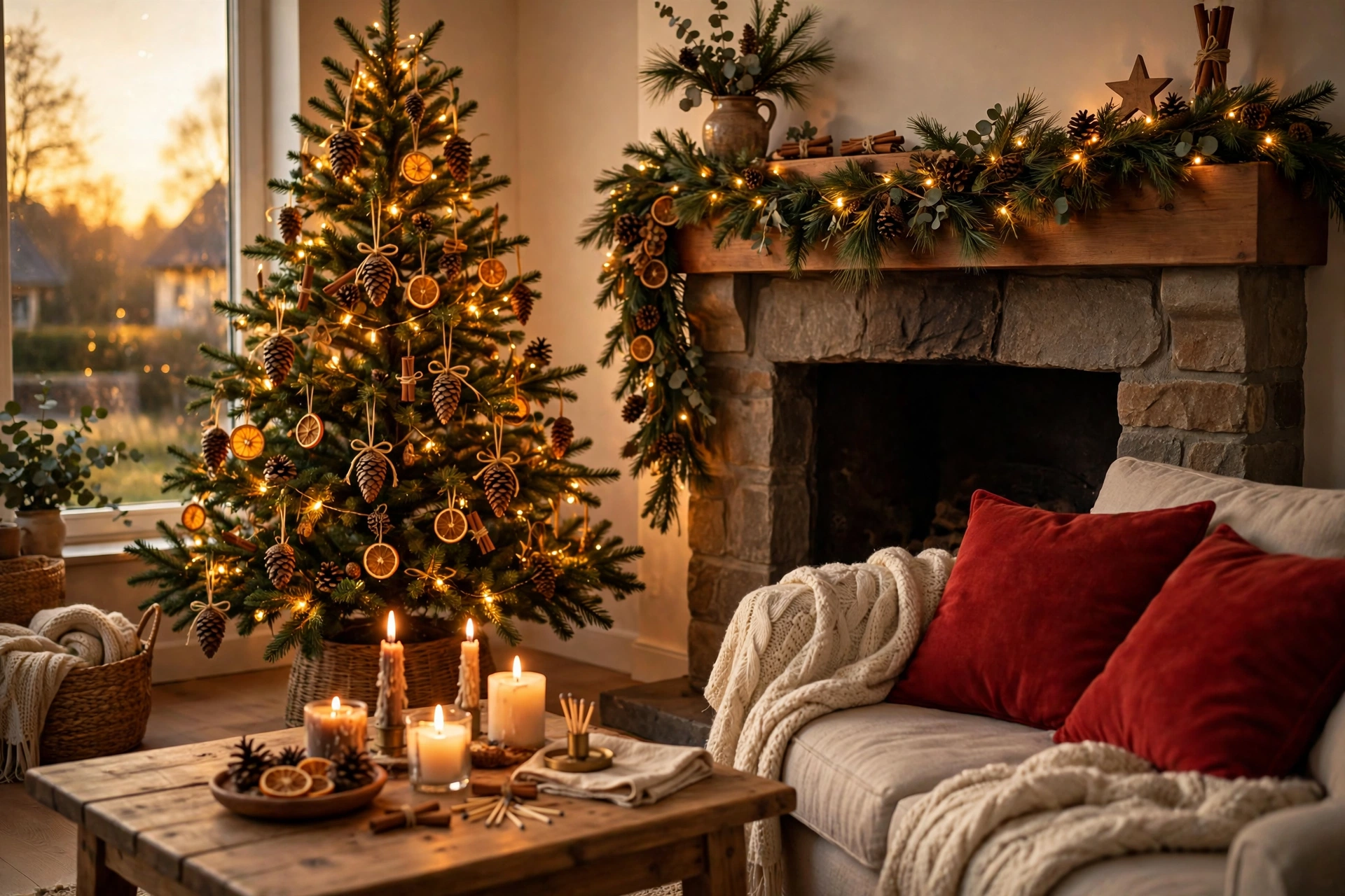 Christmas decorating ideas for the home: a warm living room with a lit tree decorated with pinecone and dried-orange ornaments, a pine garland with fairy lights on the wooden mantel, candles glowing on the coffee table, and a sofa with red cushions and a cream throw.
