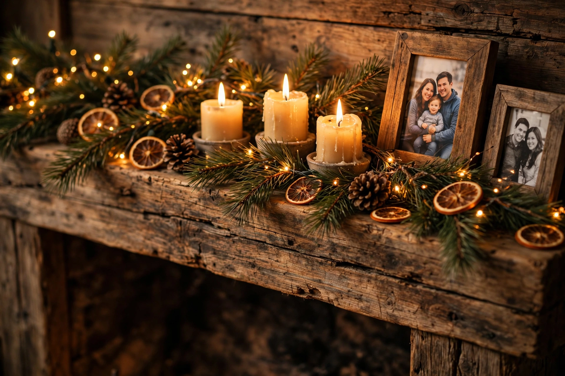 Christmas decorating ideas for the home: a rustic wooden mantel with a pine garland, warm fairy lights, three lit cream candles, pinecones and dried orange slices beside framed family photos.