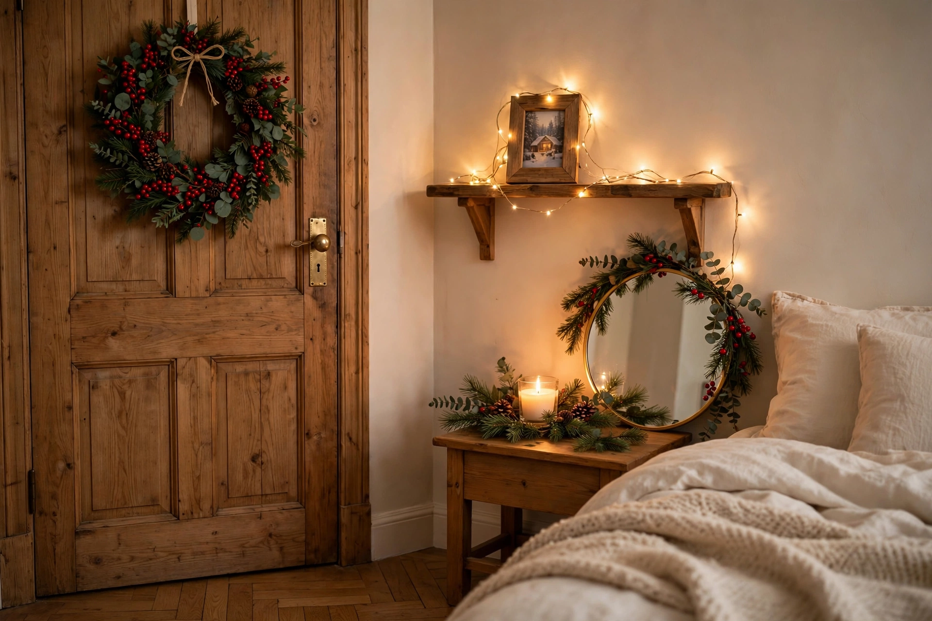 Christmas decorating ideas for the home: a berry wreath on a wooden door, a shelf with fairy lights around a framed photo, a round mirror dressed with a pine and berry garland, and a lit candle with pine sprigs on a bedside table.