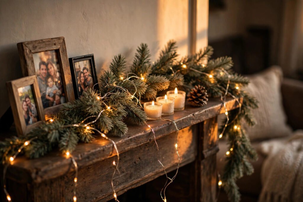 A christmas decorating idea: pine garland with warm fairy lights, three lit cream candles and a pinecone on a rustic wooden mantel beside framed family photos