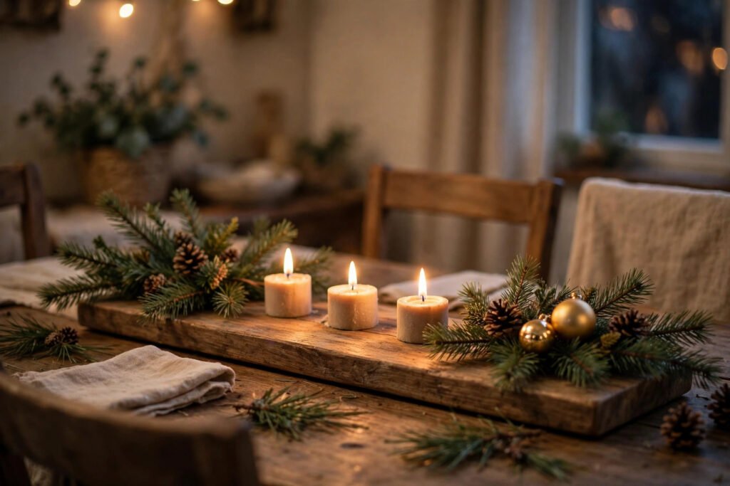 A christmas decorating idea: glowing dining table centrepiece with three lit cream candles on a long wooden board, surrounded by pine branches, pinecones and gold baubles