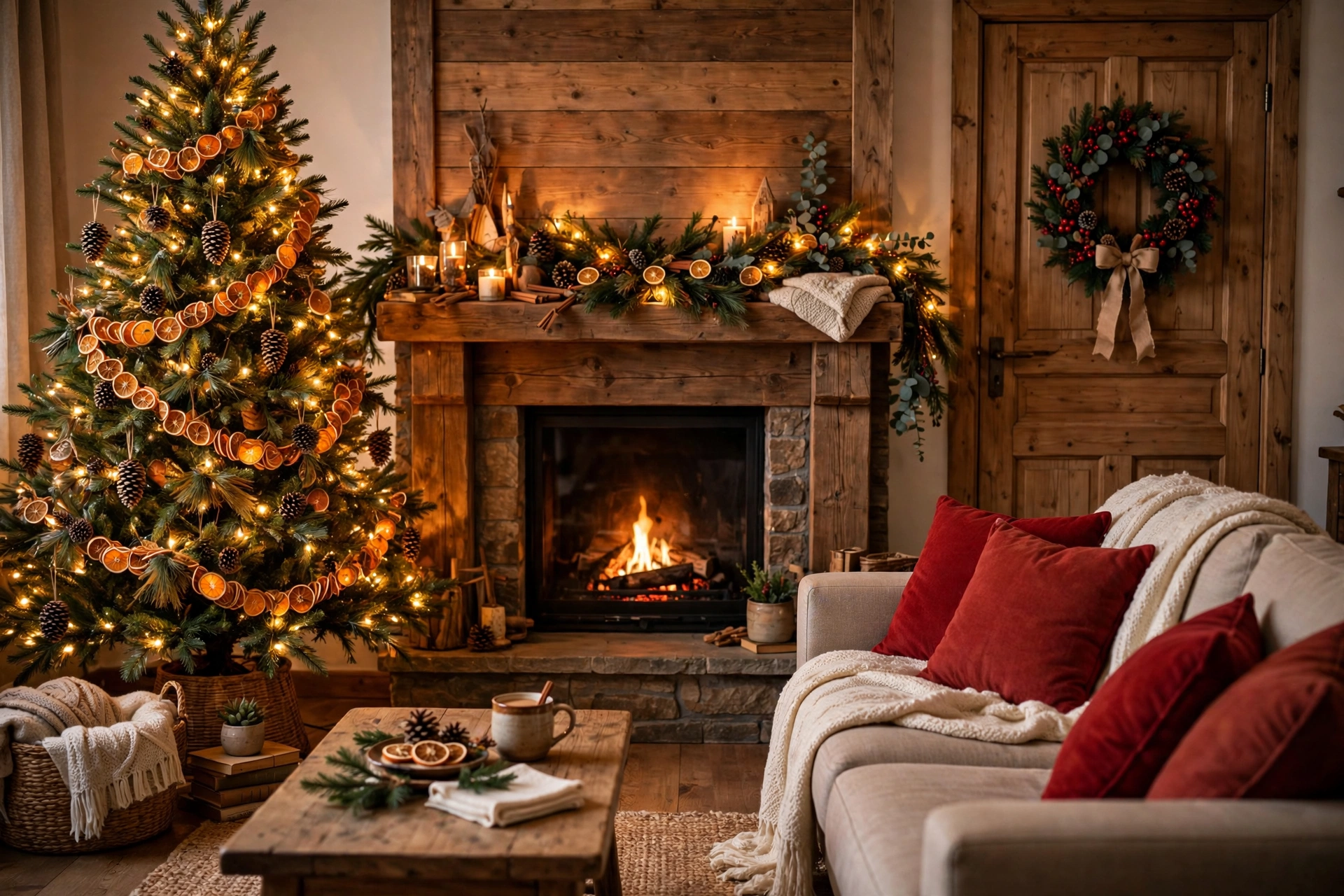 Christmas decoration for the home: lit tree with pinecone ornaments and dried-orange garlands beside a mantel with pine garland and fairy lights, berry wreath on the wooden door, sofa with red cushions and cream throw