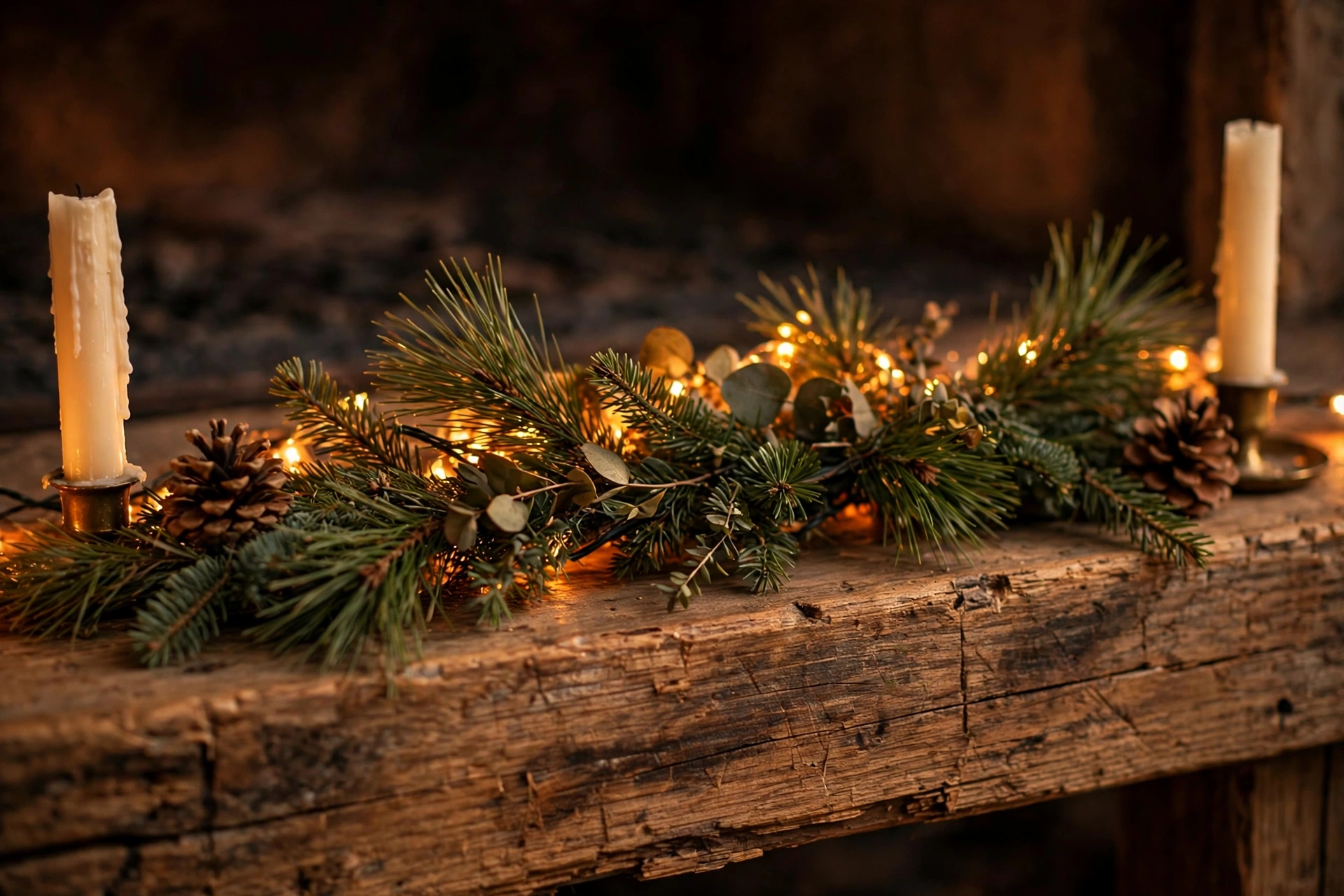 Wooden mantel dressed with a pine garland, warm fairy lights tucked behind the pine, pinecones at each end and two candles — christmas decoration for the home mantel idea