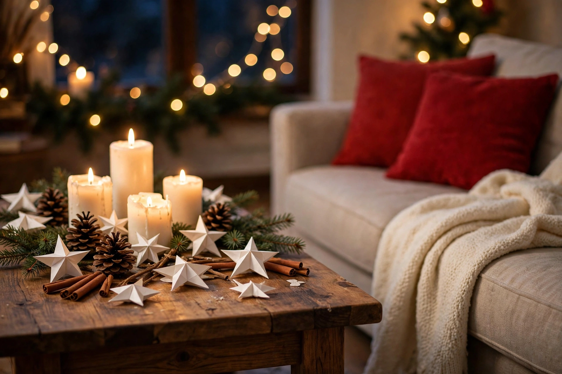 Wooden coffee table with lit white candles, handmade paper stars, pinecones and cinnamon sticks beside a sofa with red cushions and cream throw — christmas decoration for the home