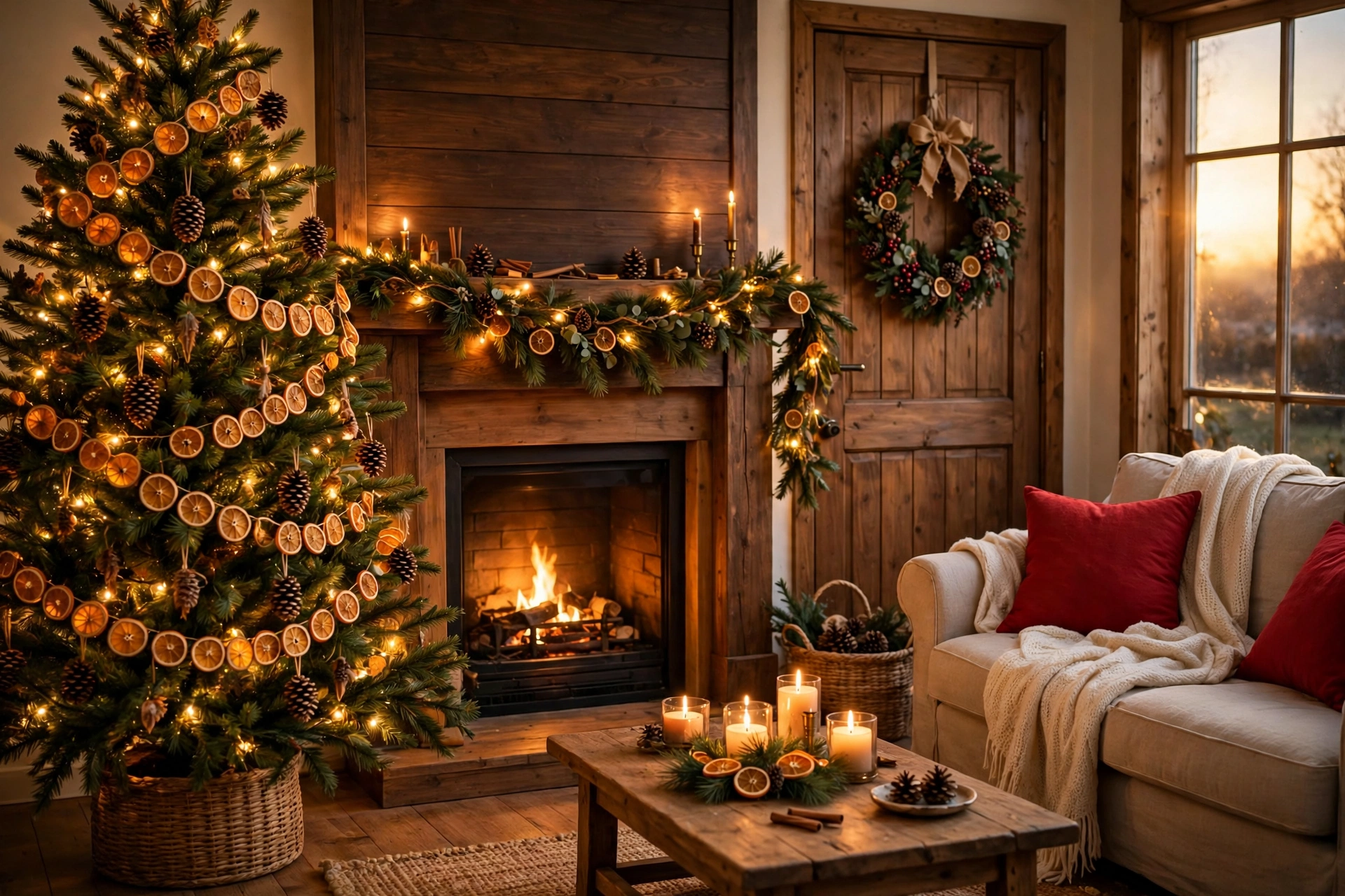 christmas decoration for the homes, lit tree with pinecone ornaments and dried-orange garlands beside the mantel