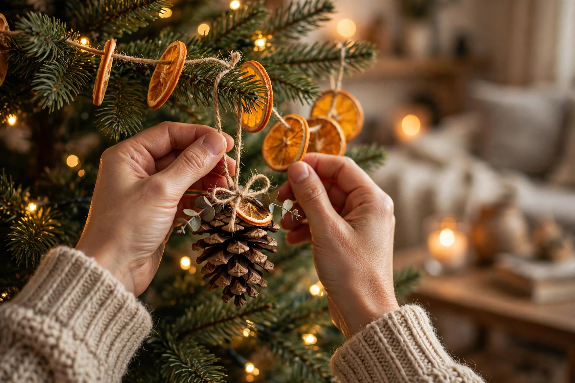 christmas decoration for the homes, hands hanging a pinecone ornament and dried-orange garland on the tree