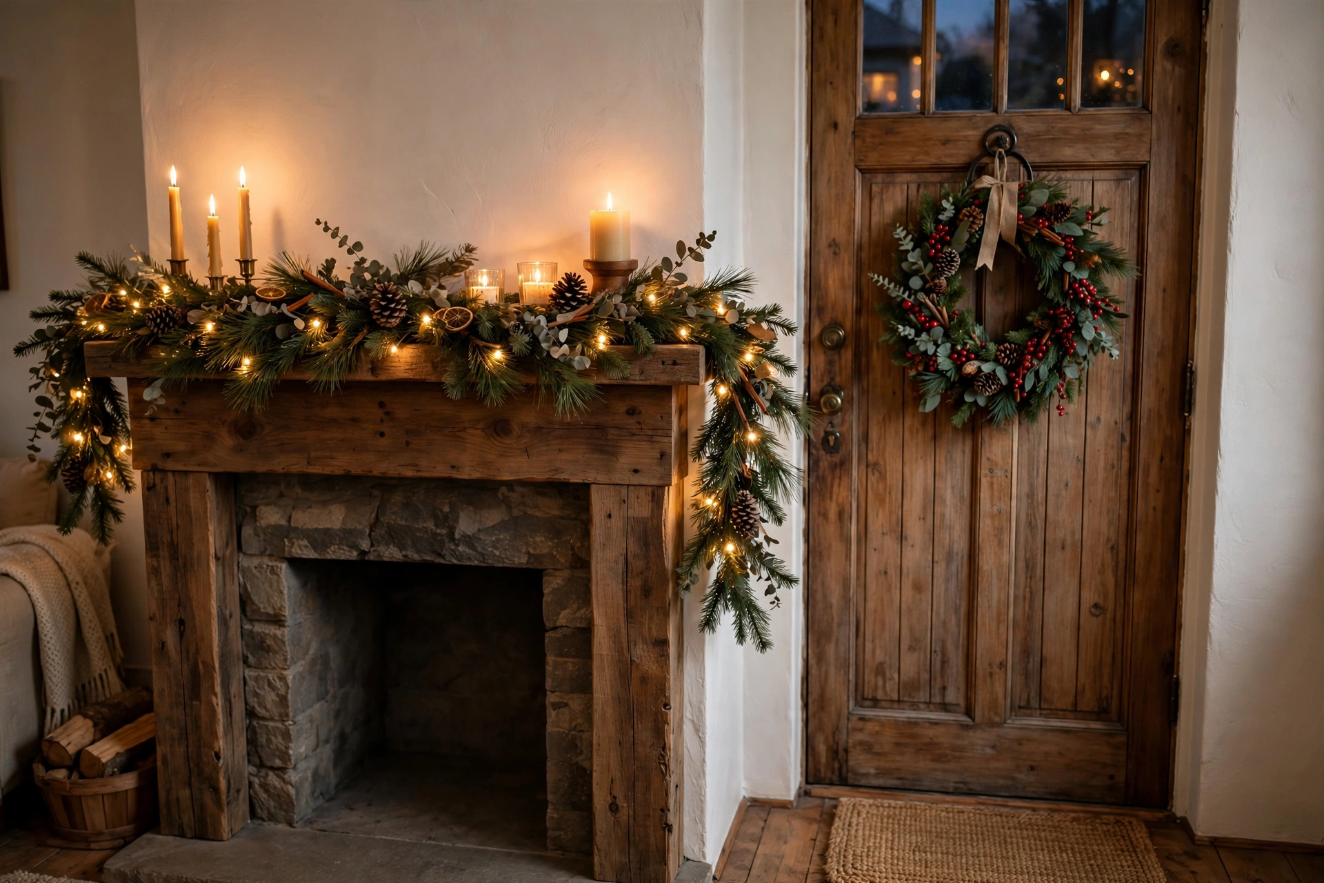 christmas decoration for the homes, mantel garland with fairy lights and berry wreath on the wooden door