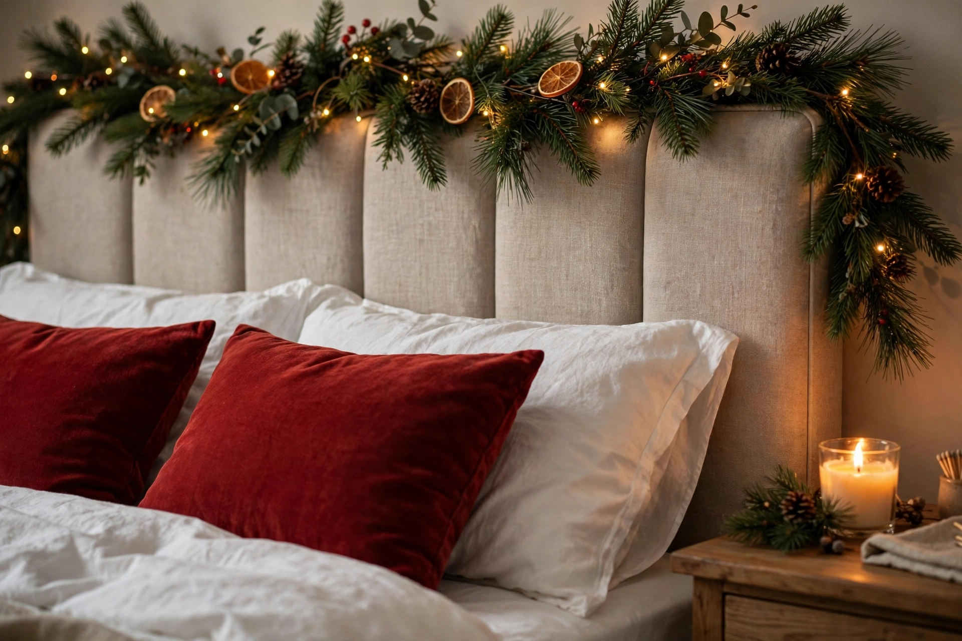 Christmas decorations ideas: a pine garland with warm fairy lights, dried orange slices and pinecones along a bed headboard above red cushions