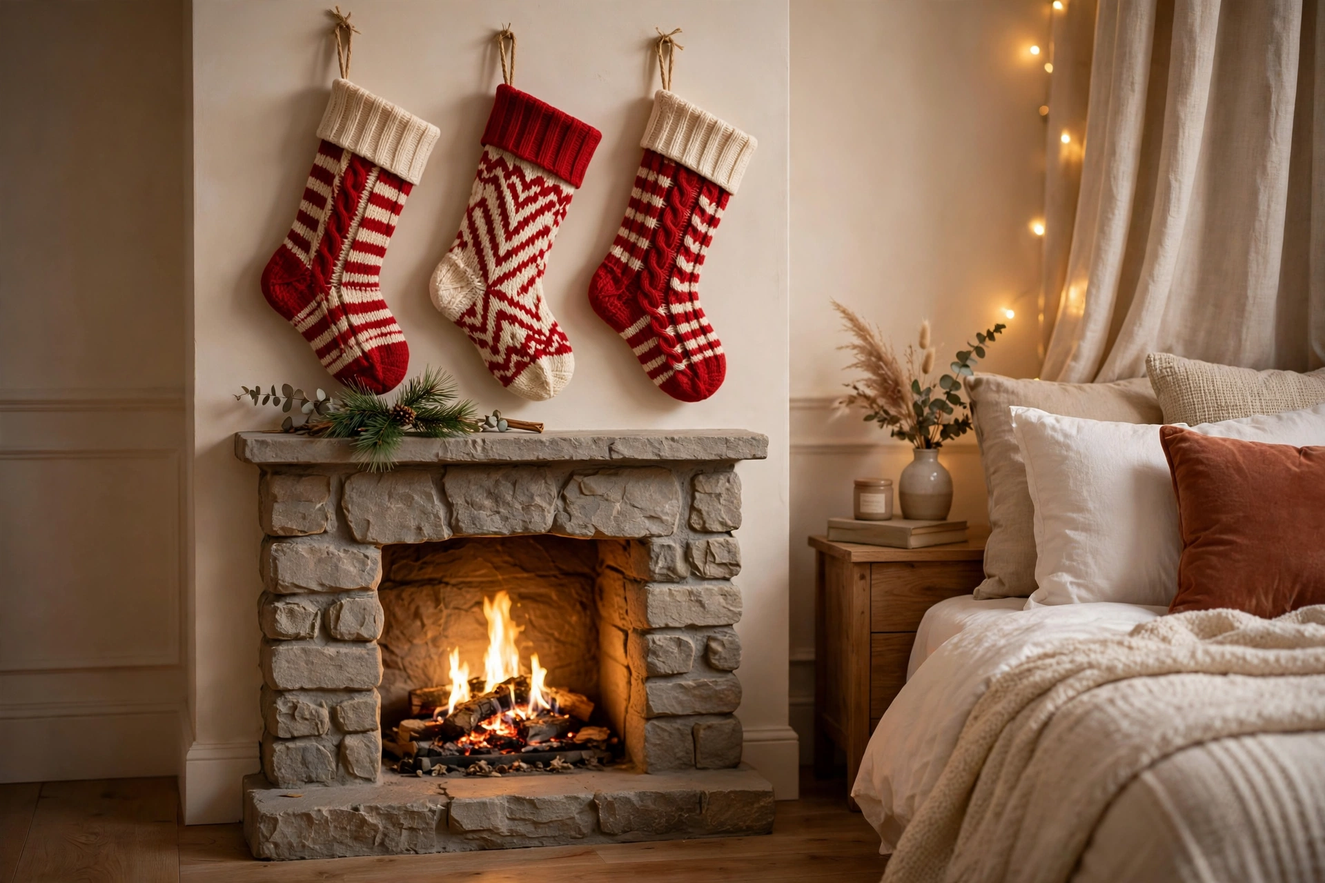 Christmas decorations ideas: three red and cream knitted stockings hanging above a lit stone fireplace beside a bed