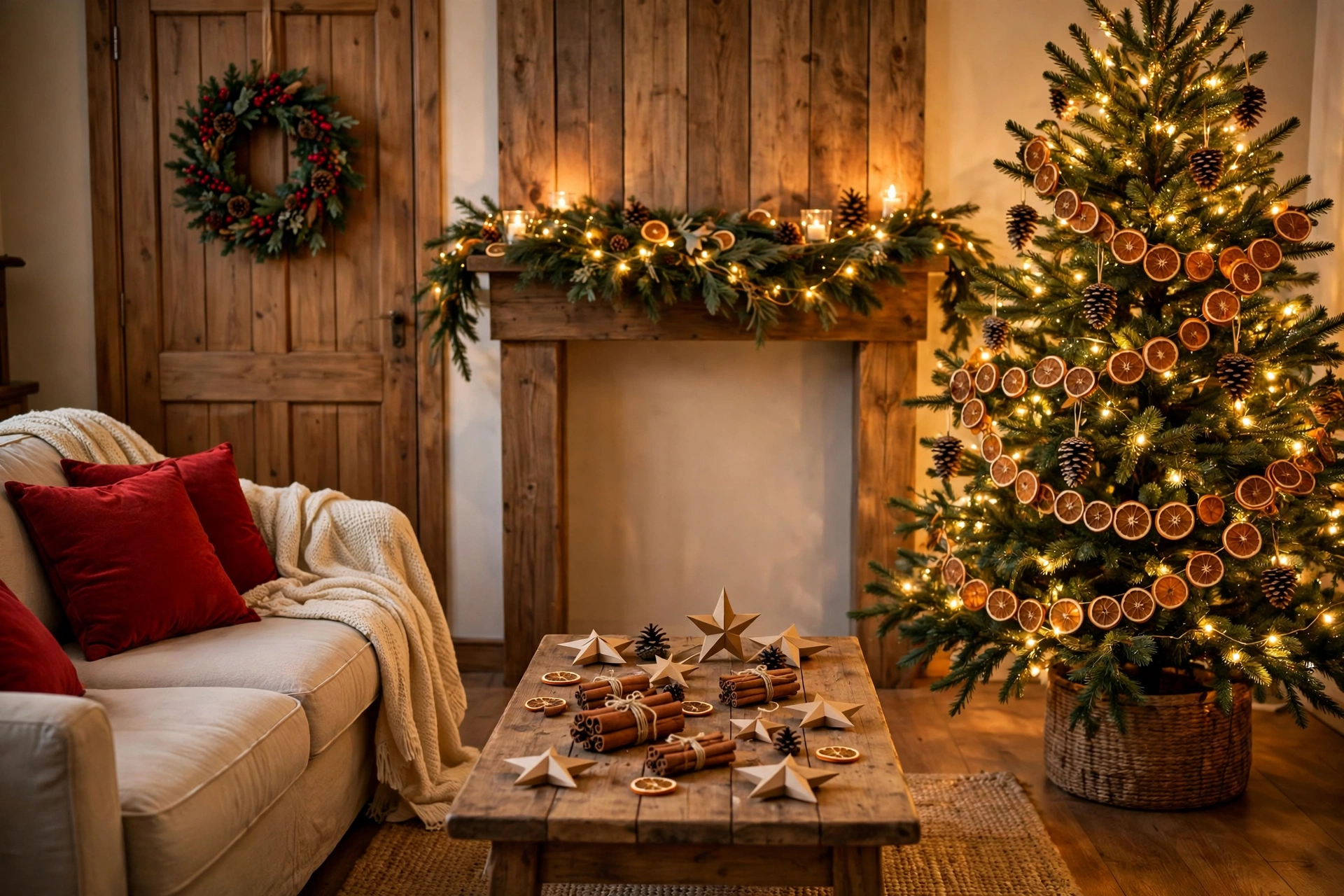 Christmas decorative ideas in a warm living room: lit tree with pinecone and dried-orange ornaments, pine garland with fairy lights on the mantel, berry wreath on the door, cinnamon bundles and paper stars on the coffee table, red cushions and cream throw on the sofa.