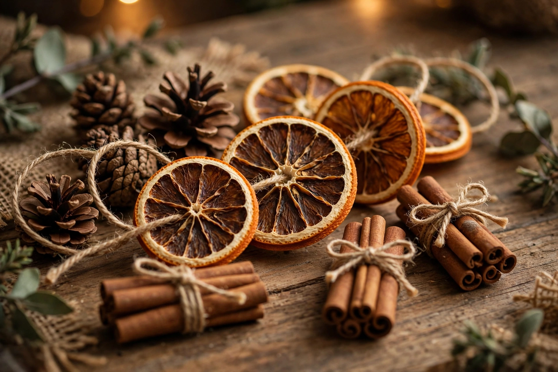 Handmade Christmas decorative ideas close-up: dried-orange slices threaded on twine with pinecones and cinnamon sticks tied in twine bundles on a wooden table.