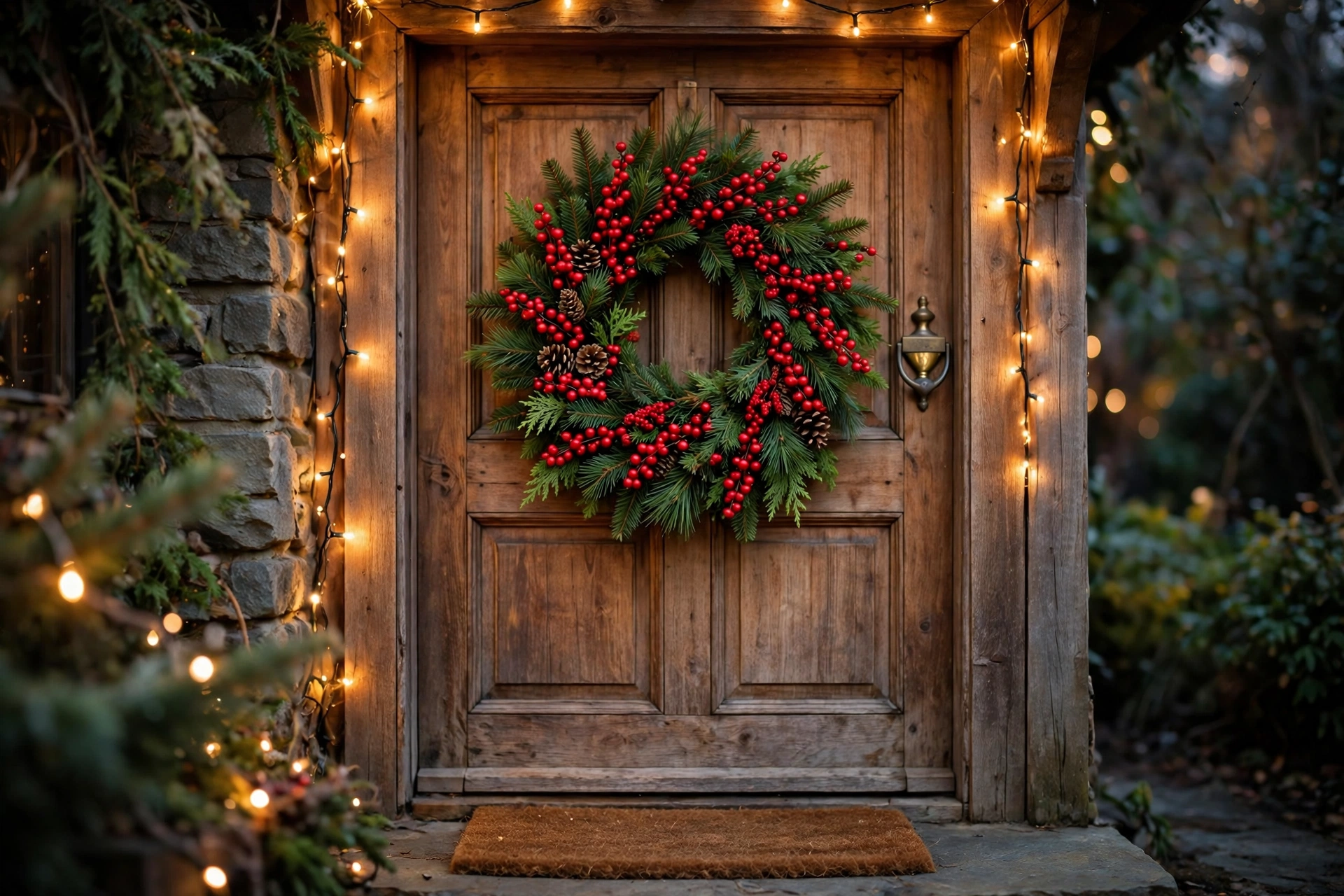 A berry wreath Christmas decorative idea: red berries and pine sprigs on a wreath hanging on a wooden front door with warm fairy lights.