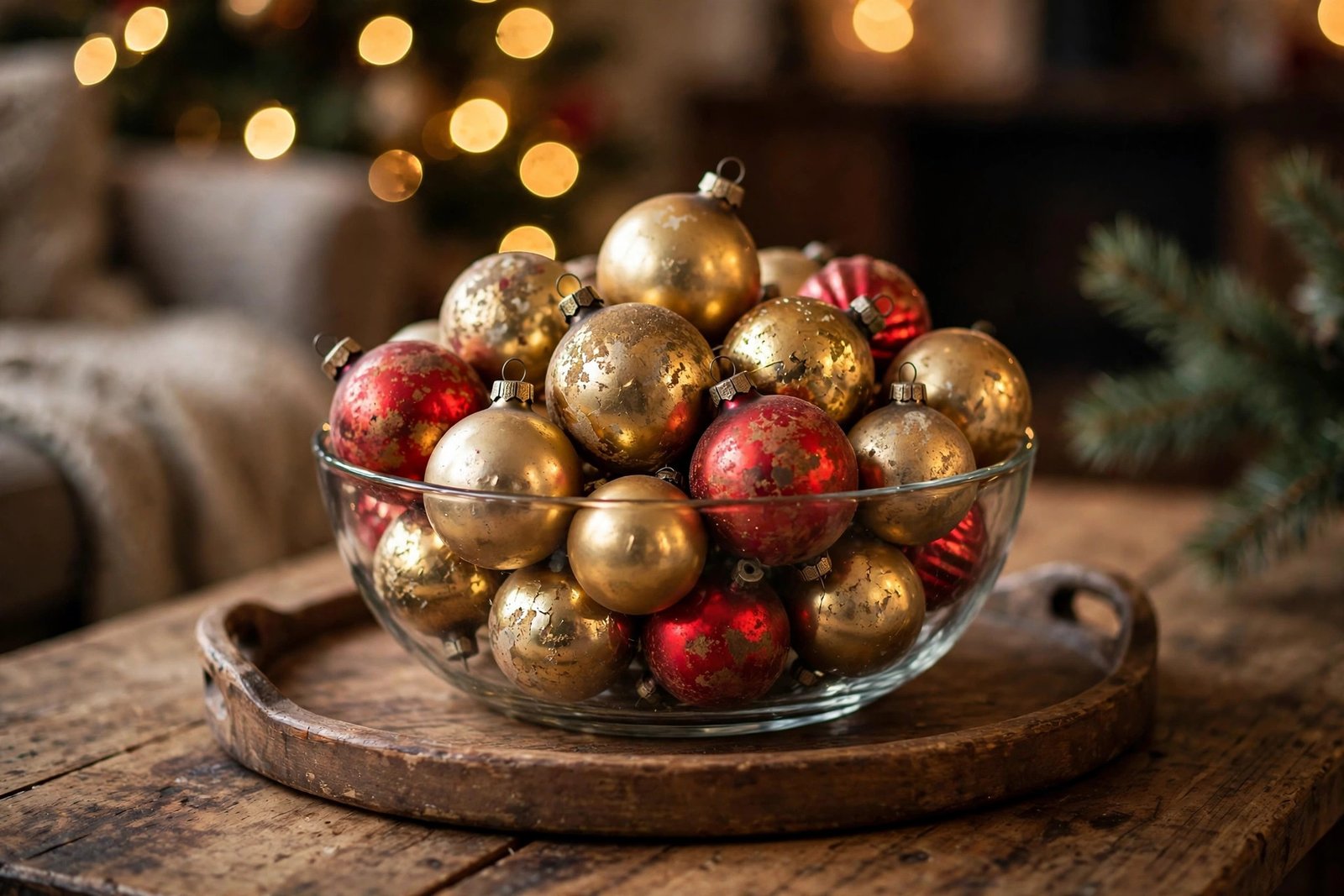 Bowl of old Christmas ornaments on a coffee table