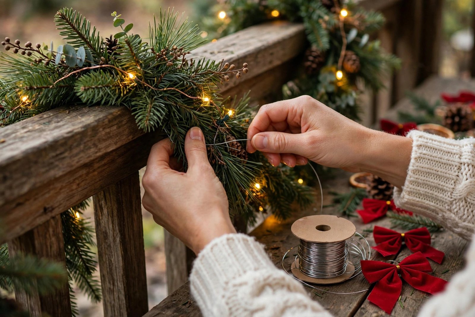 Christmas garland with warm lights on a front porch