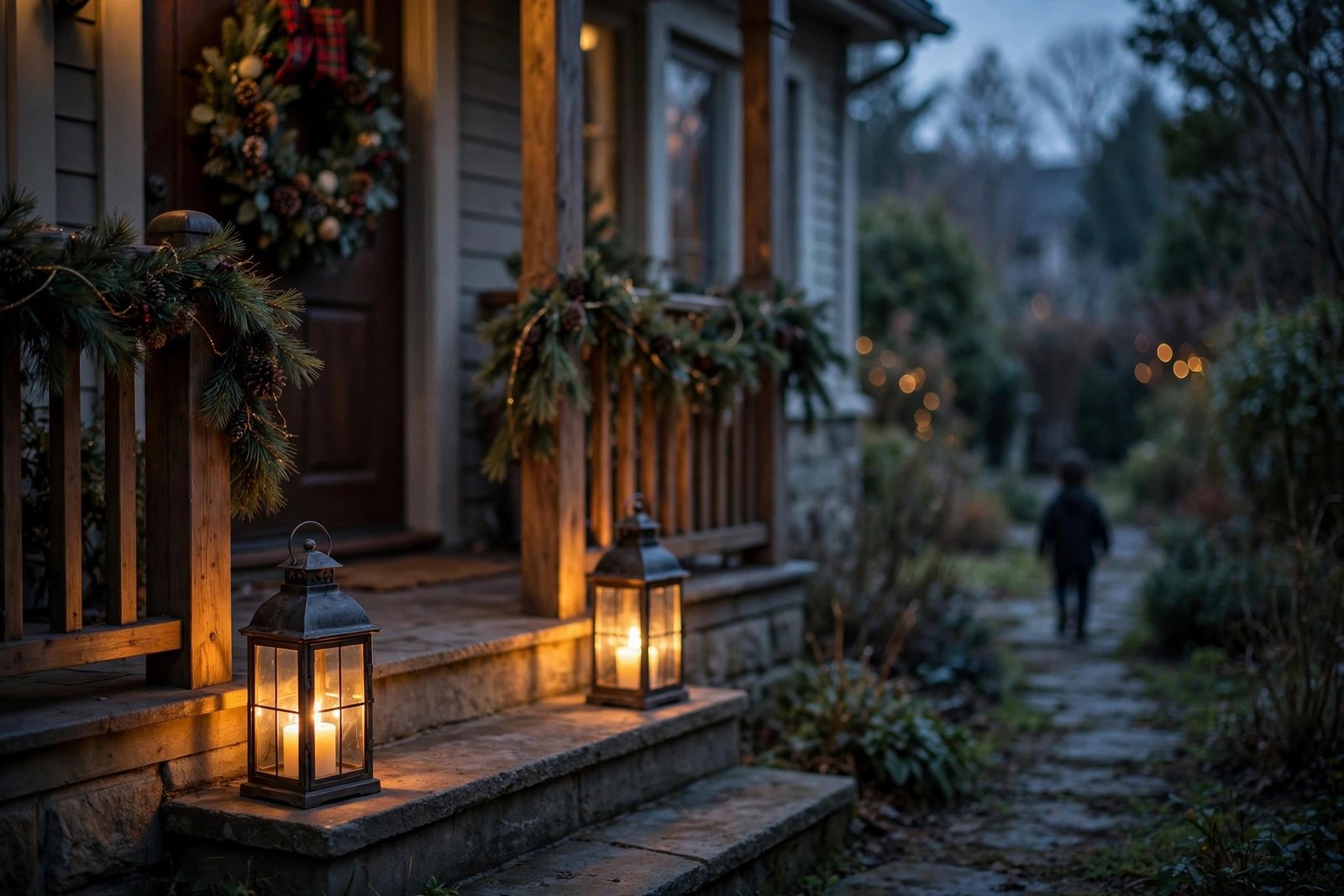 Lanterns glowing on Christmas porch steps