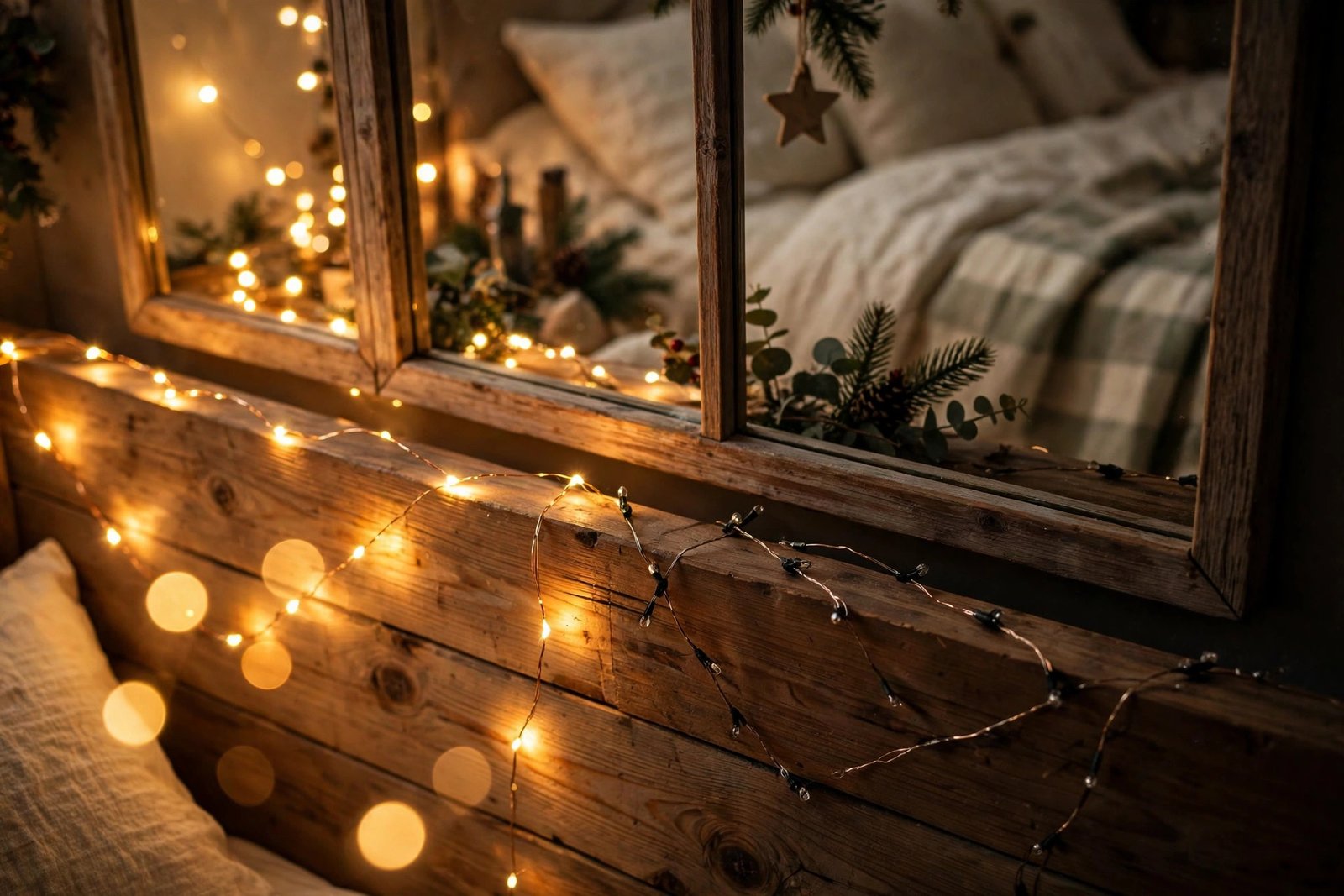 Warm fairy lights on a guest room headboard