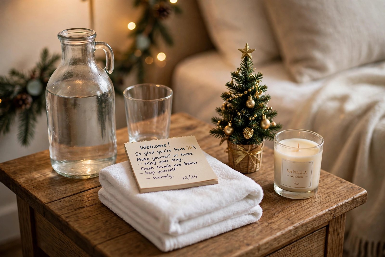A glass by a jug and a welcome note in a guest room