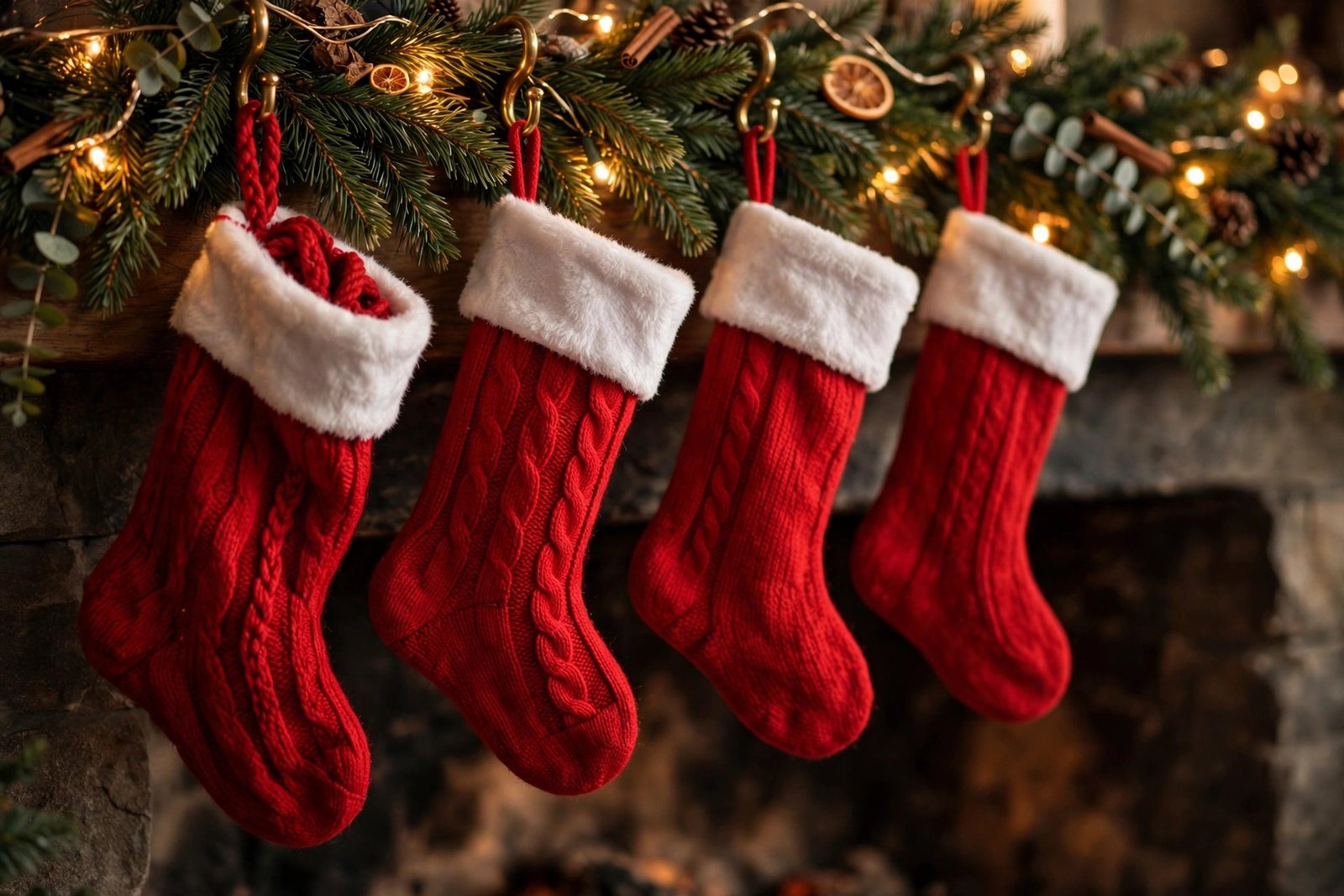 christmas mantel decor ideas: four red knit stockings with white fur cuffs hanging from a pine garland with warm lights, dried orange slices, cinnamon sticks and pinecones on a stone fireplace mantel
