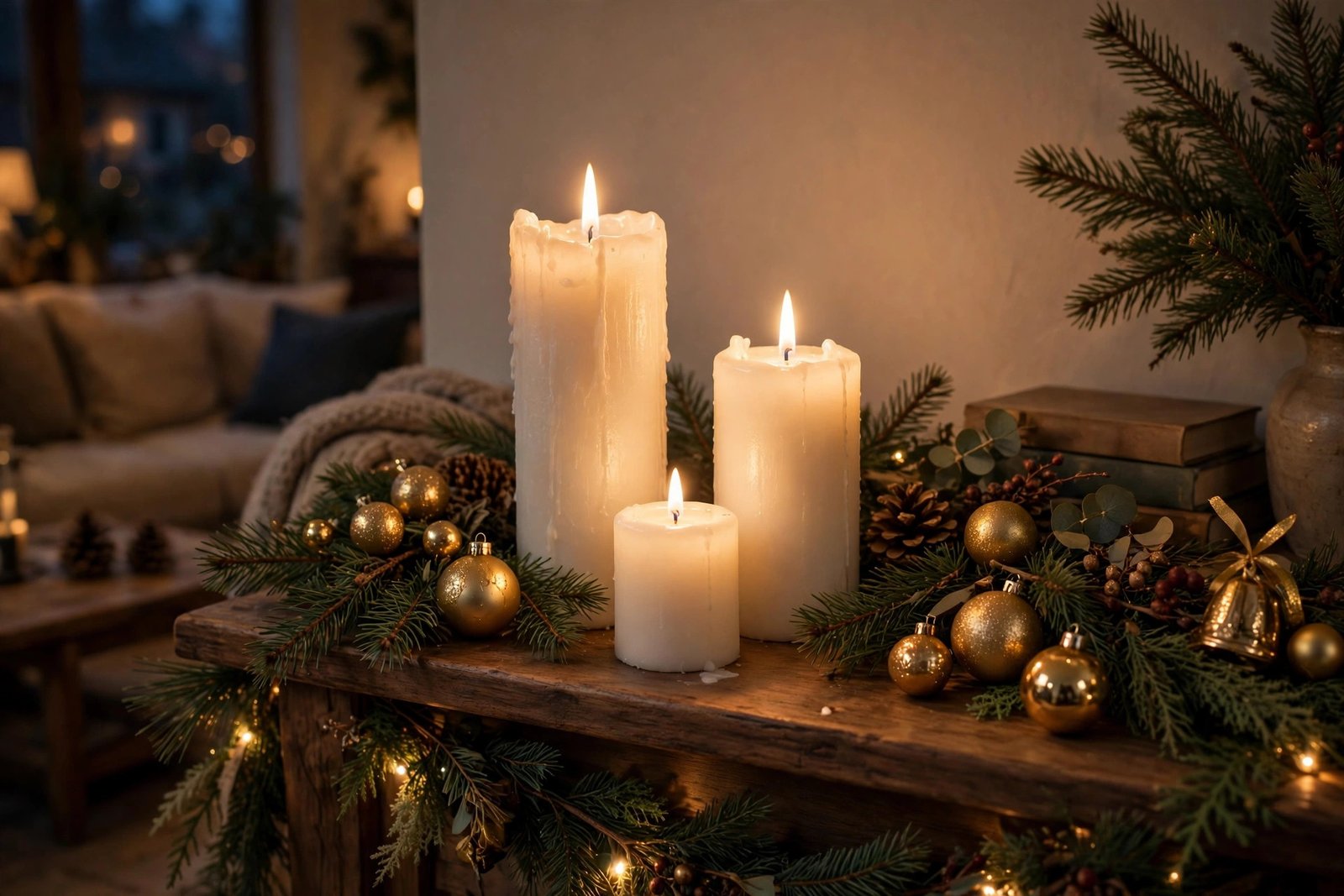 christmas mantel decor ideas: three lit white pillar candles on a wooden mantel surrounded by gold ornaments, pine sprigs, pinecones and a gold bell with books in the background