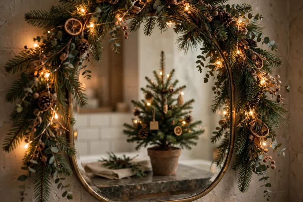 christmas bathroom decor ideas: a bathroom mirror framed with a pine garland with warm lights, pinecones and dried orange slices, reflecting a small potted Christmas tree with lights and ornaments