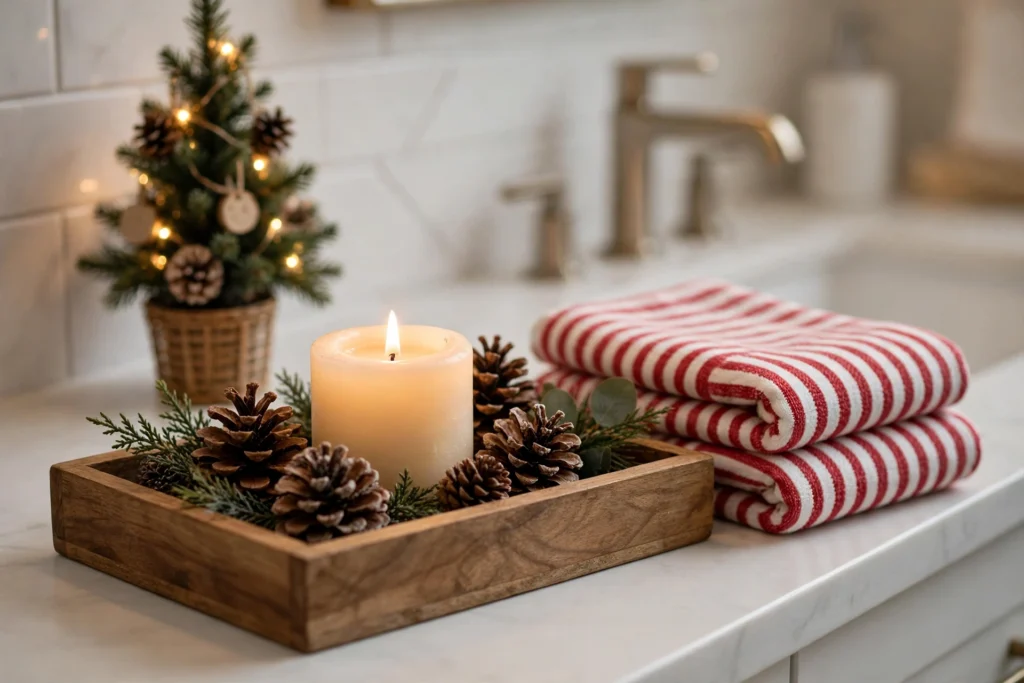 christmas bathroom decor ideas: a lit cream candle in a wooden tray with pinecones and pine sprigs beside folded red-and-white striped towels, with a small potted Christmas tree by a bathroom sink