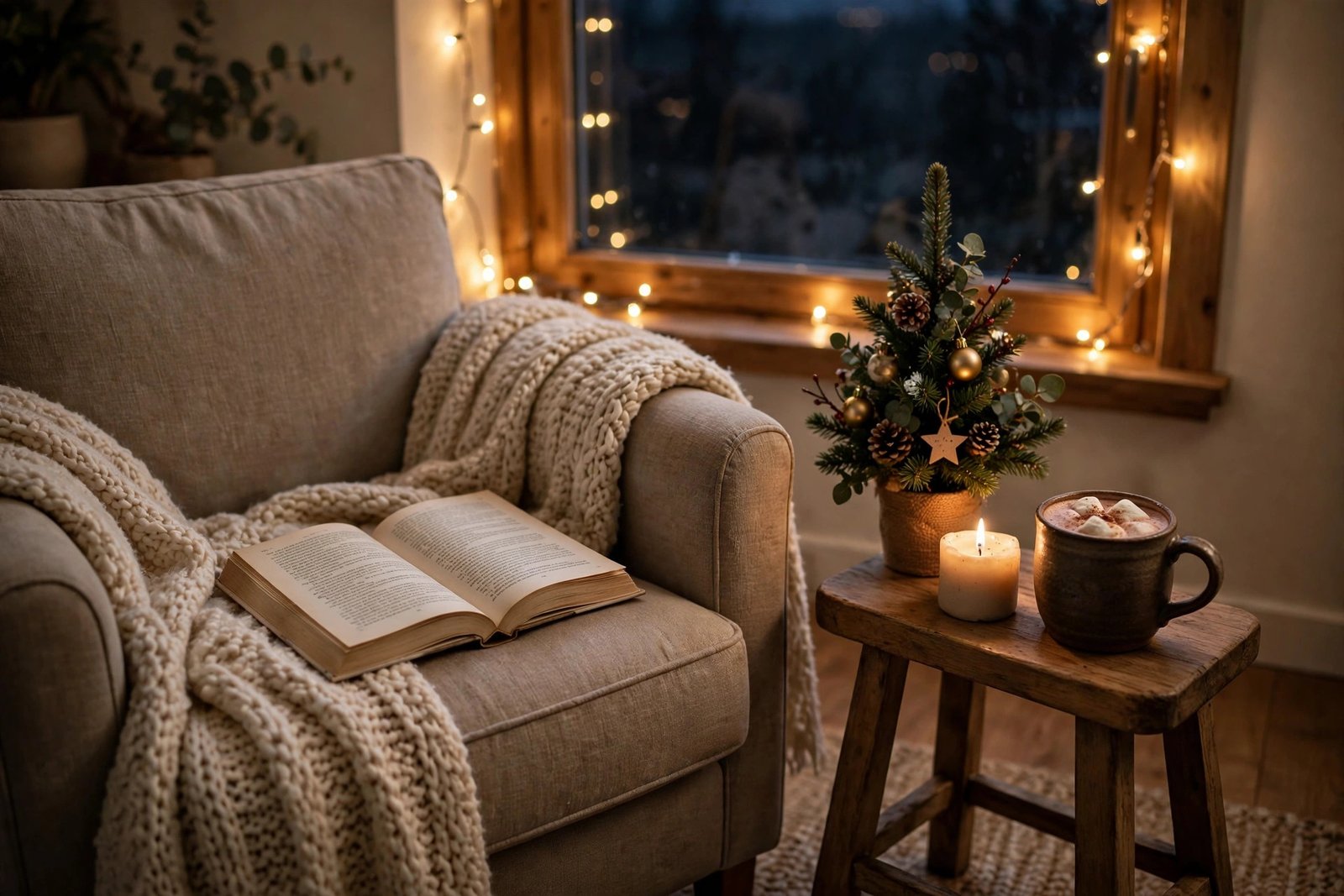 Reading nook at night with candle