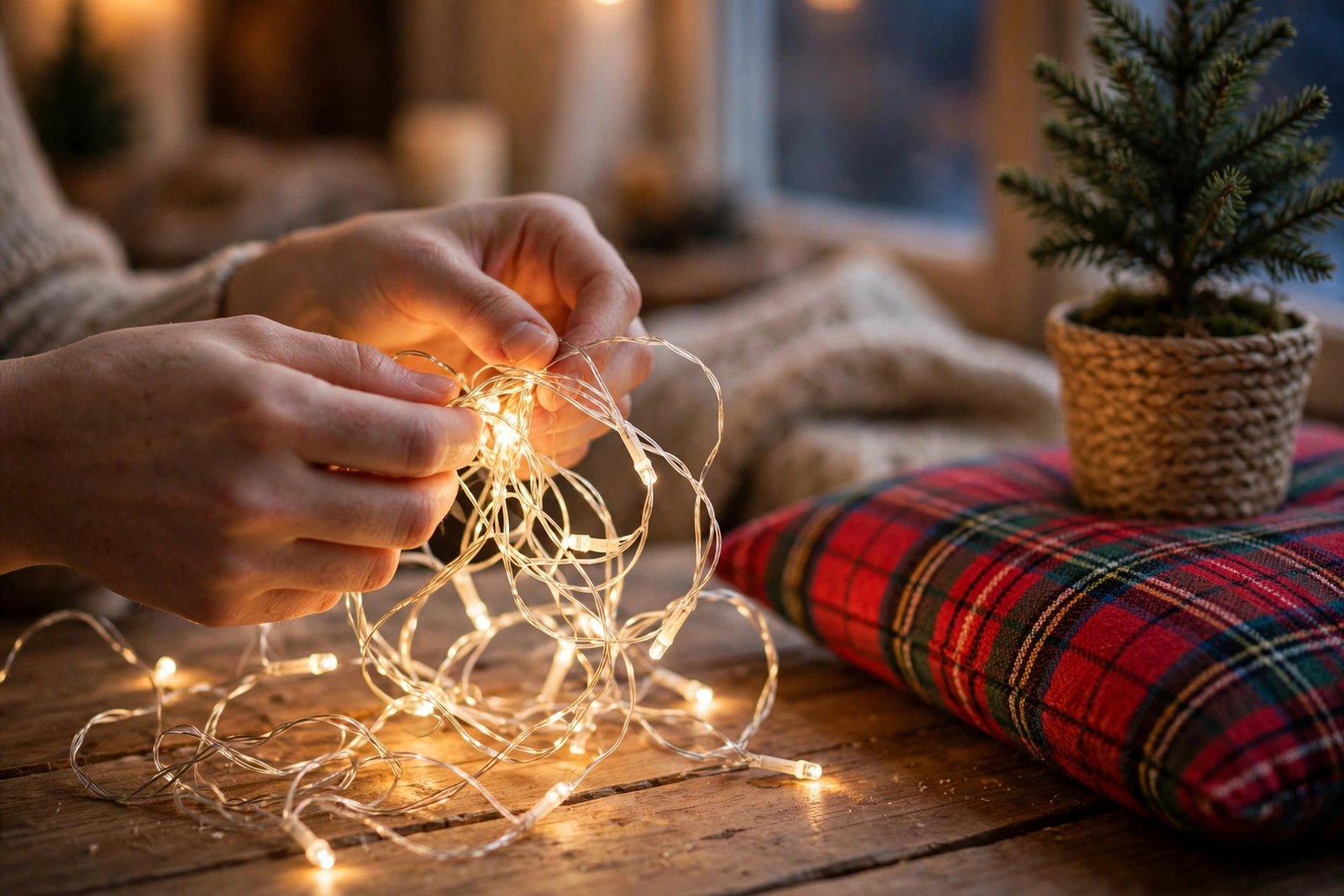 Hands untangling fairy lights