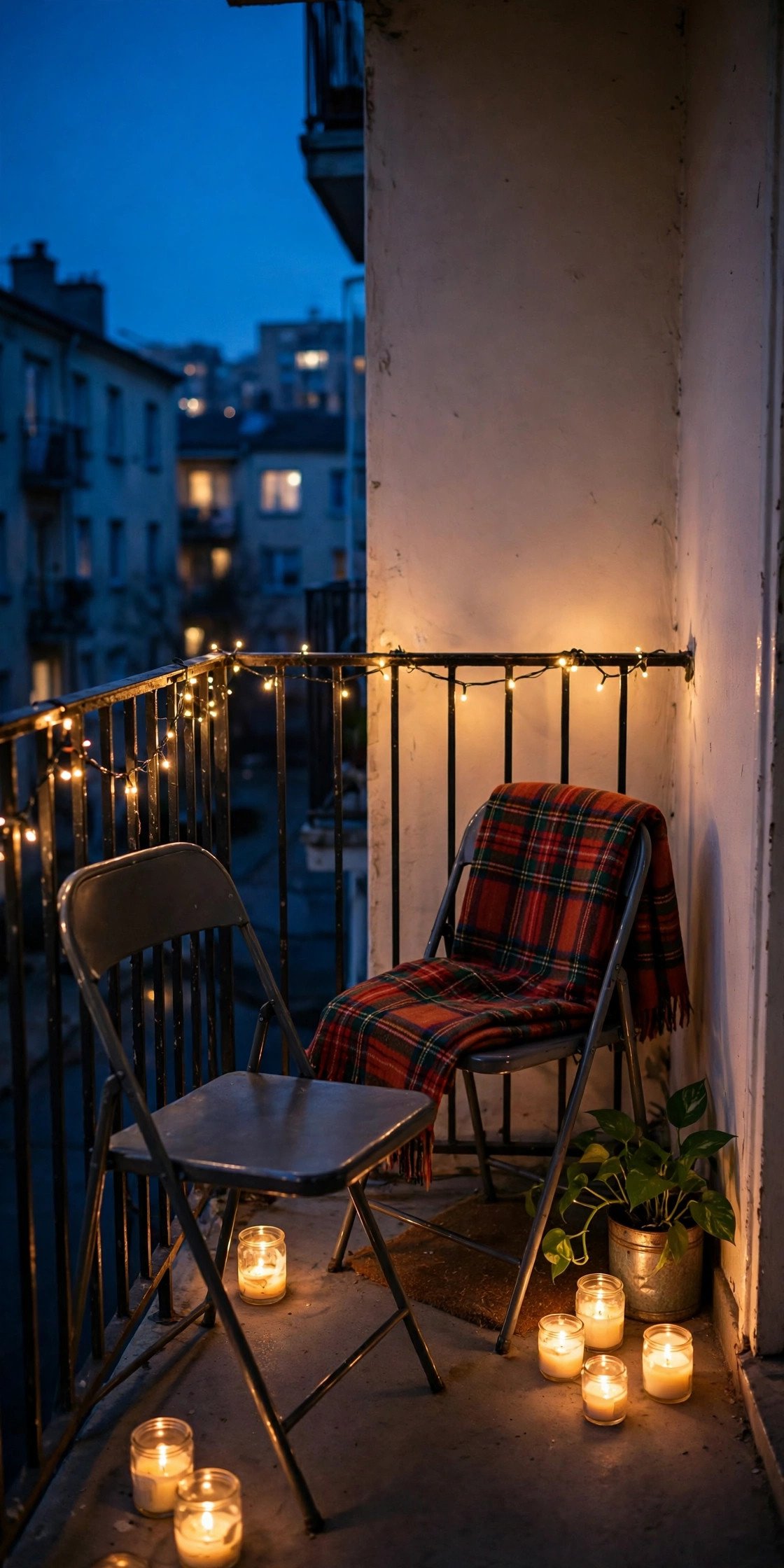Christmas balcony decor ideas — fairy lights along a balcony railing at night with chairs and a plaid throw