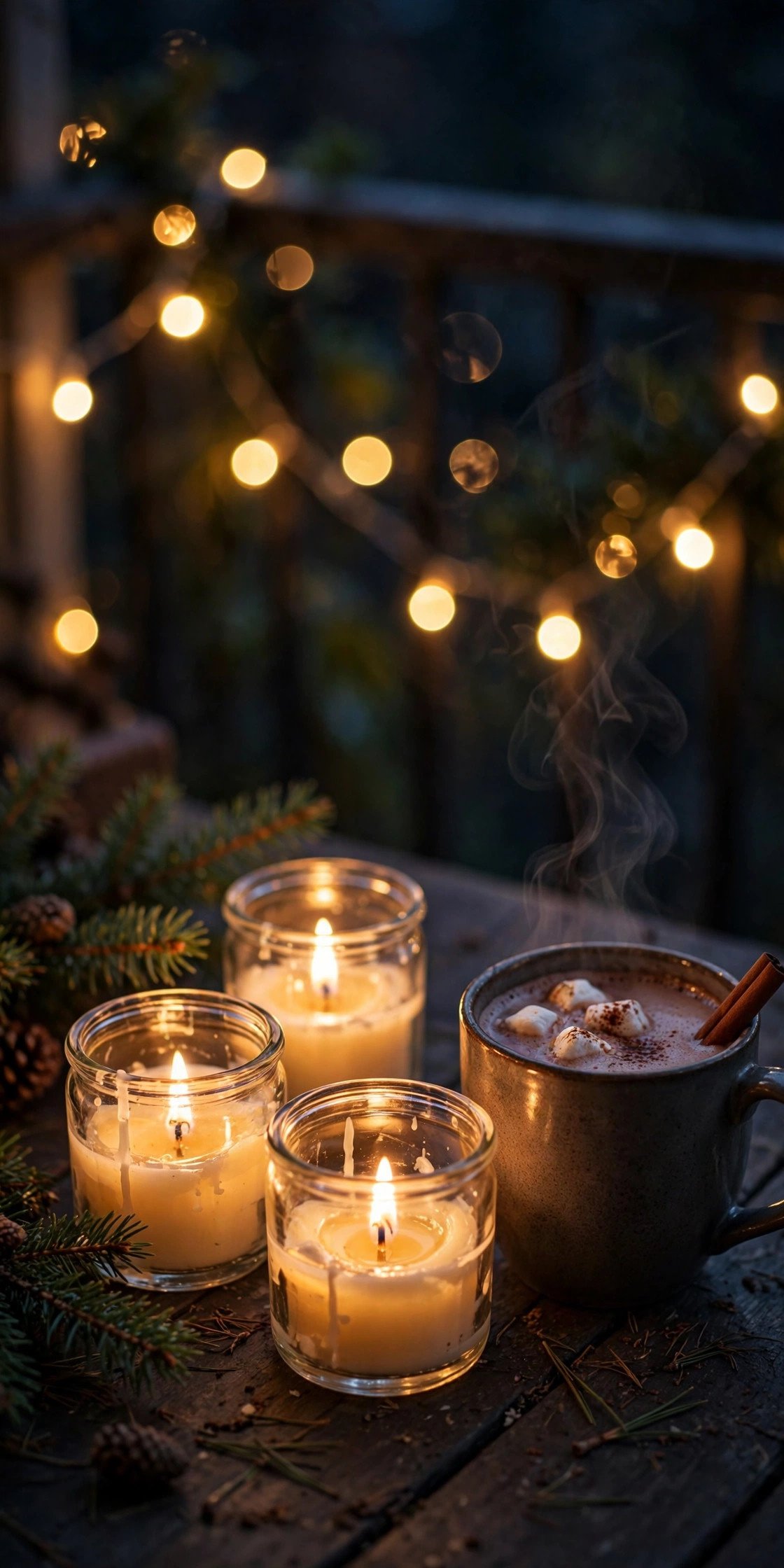 Four small glass jars with lit candles on a small balcony at night, warm fairy lights blurred behind them