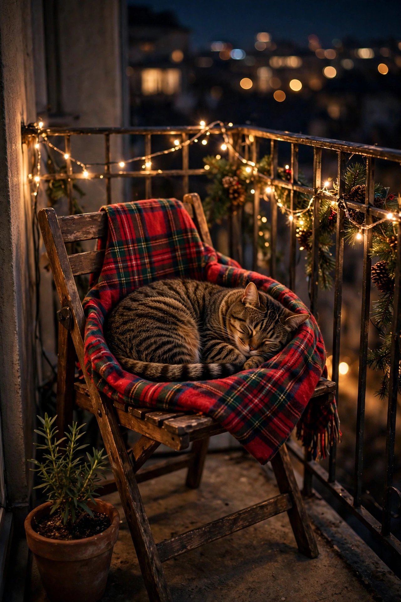A cat asleep on a chair with a plaid blanket on a small balcony at night, warm fairy lights along the railing