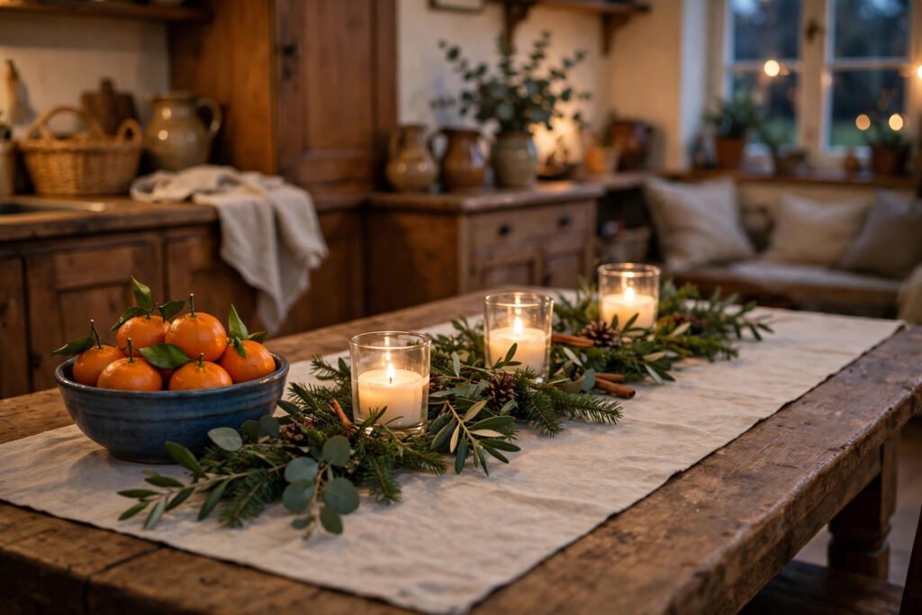 Christmas dining table with a linen runner, candles in jars and a bowl of clementines
