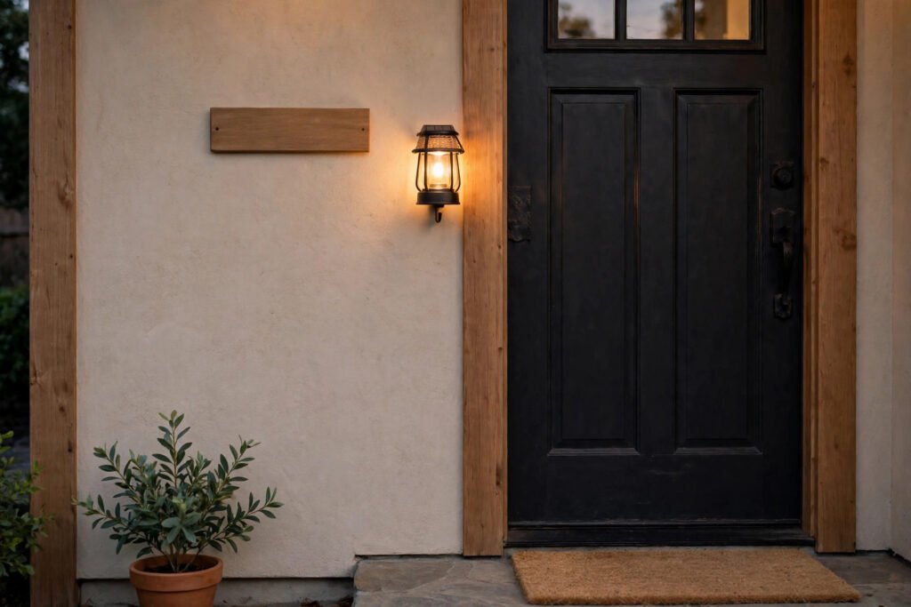 Wooden name plate beside a front door with a solar lantern and plant