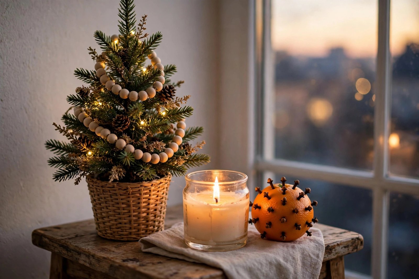Small tabletop Christmas tree with warm lights, a candle in a jar and a clove orange beside it