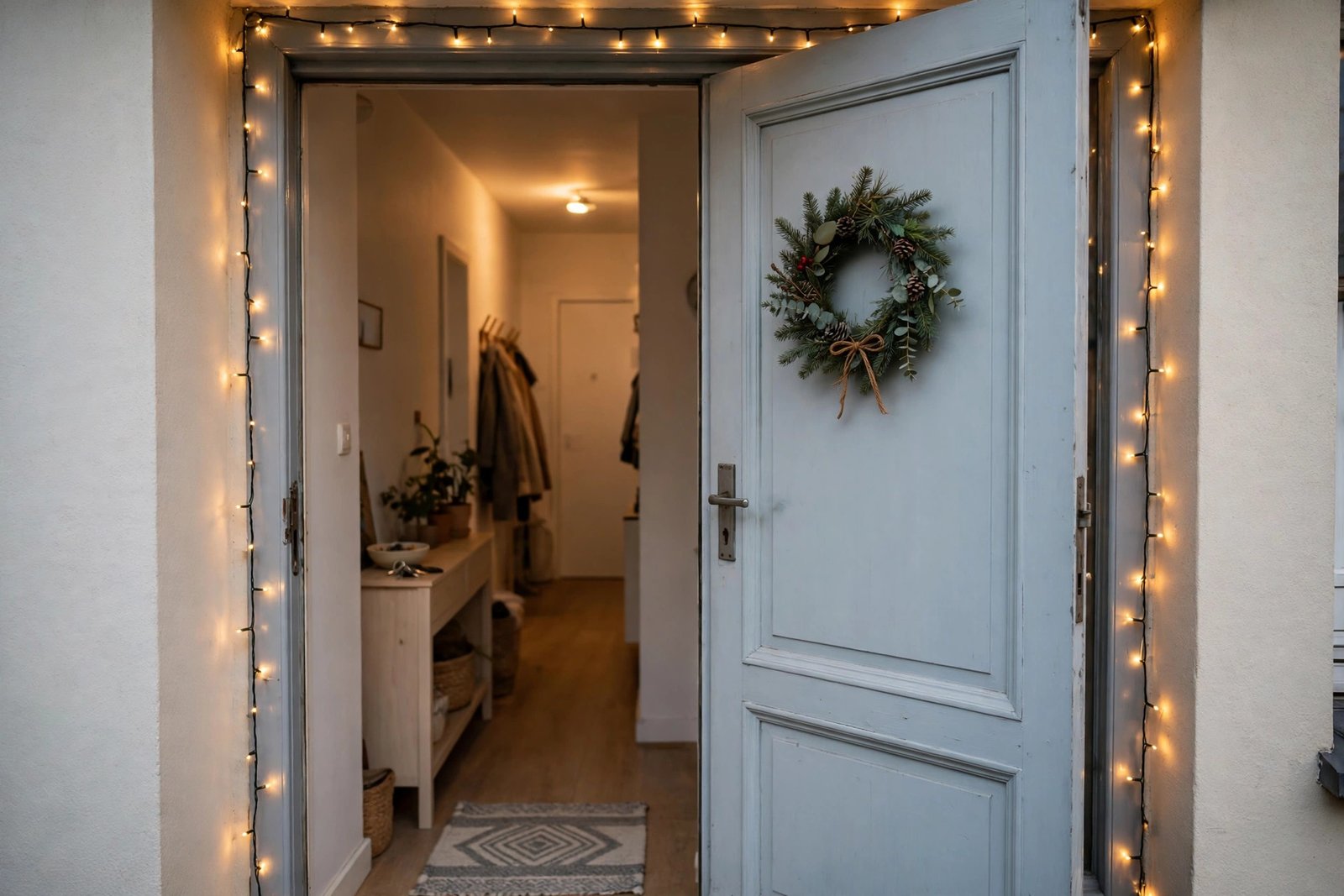 Front door of a small flat opening fully with a Christmas wreath on it, doorway completely unblocked
