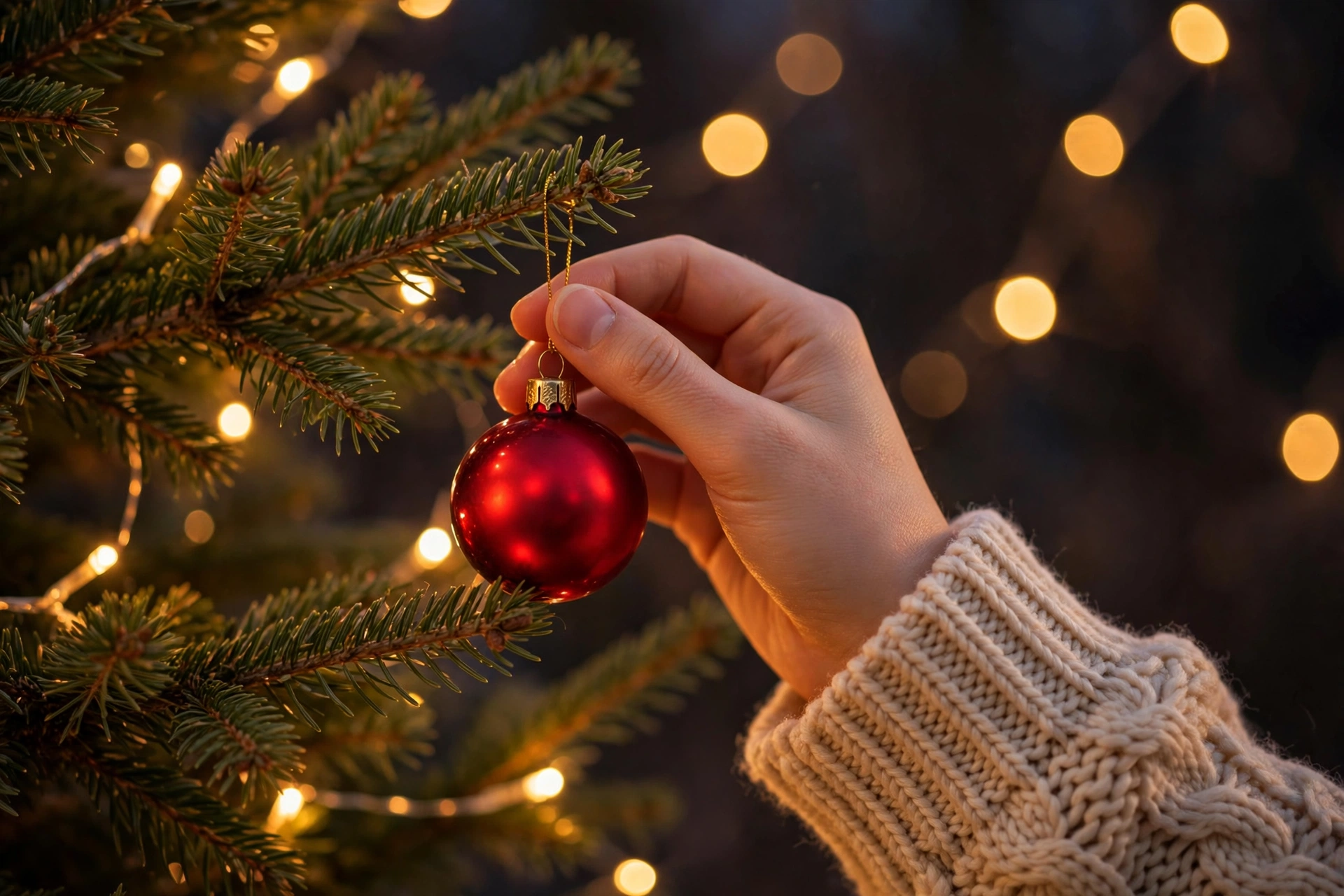 Christmas tree decorated with warm lights and ornaments